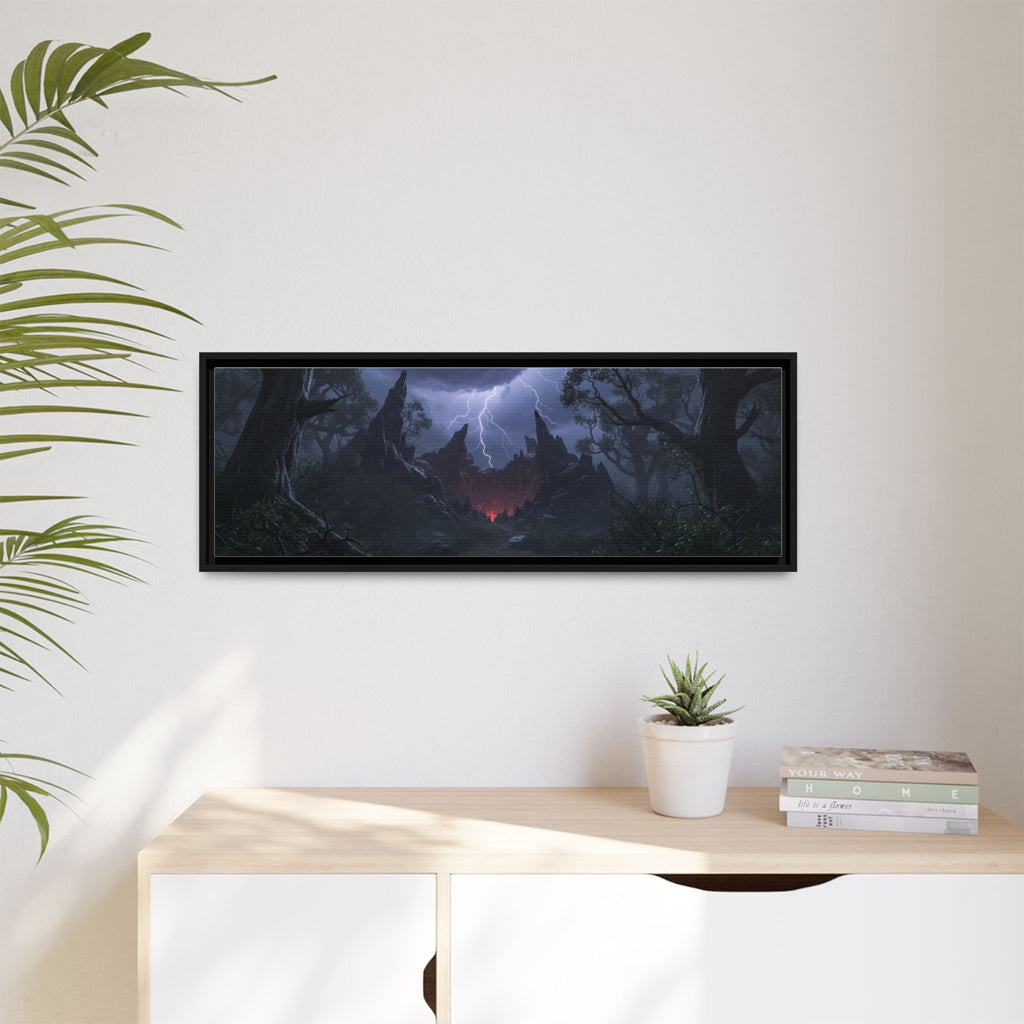 Dark Storm Forest Framed Canvas Print — Lightning, Haunted Castle Art