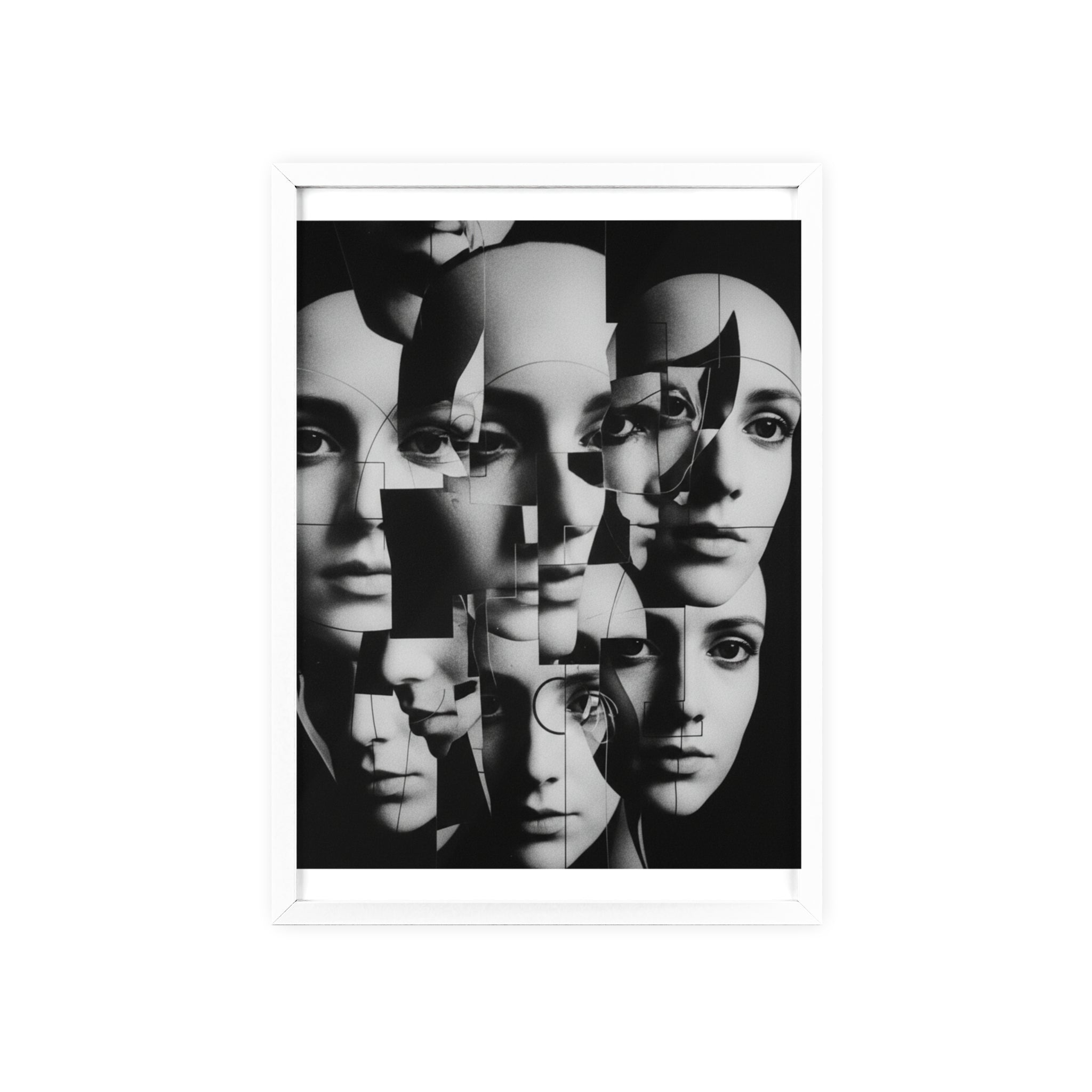 Surreal Multi-Face Black & White Poster — Framed Wooden Art Print