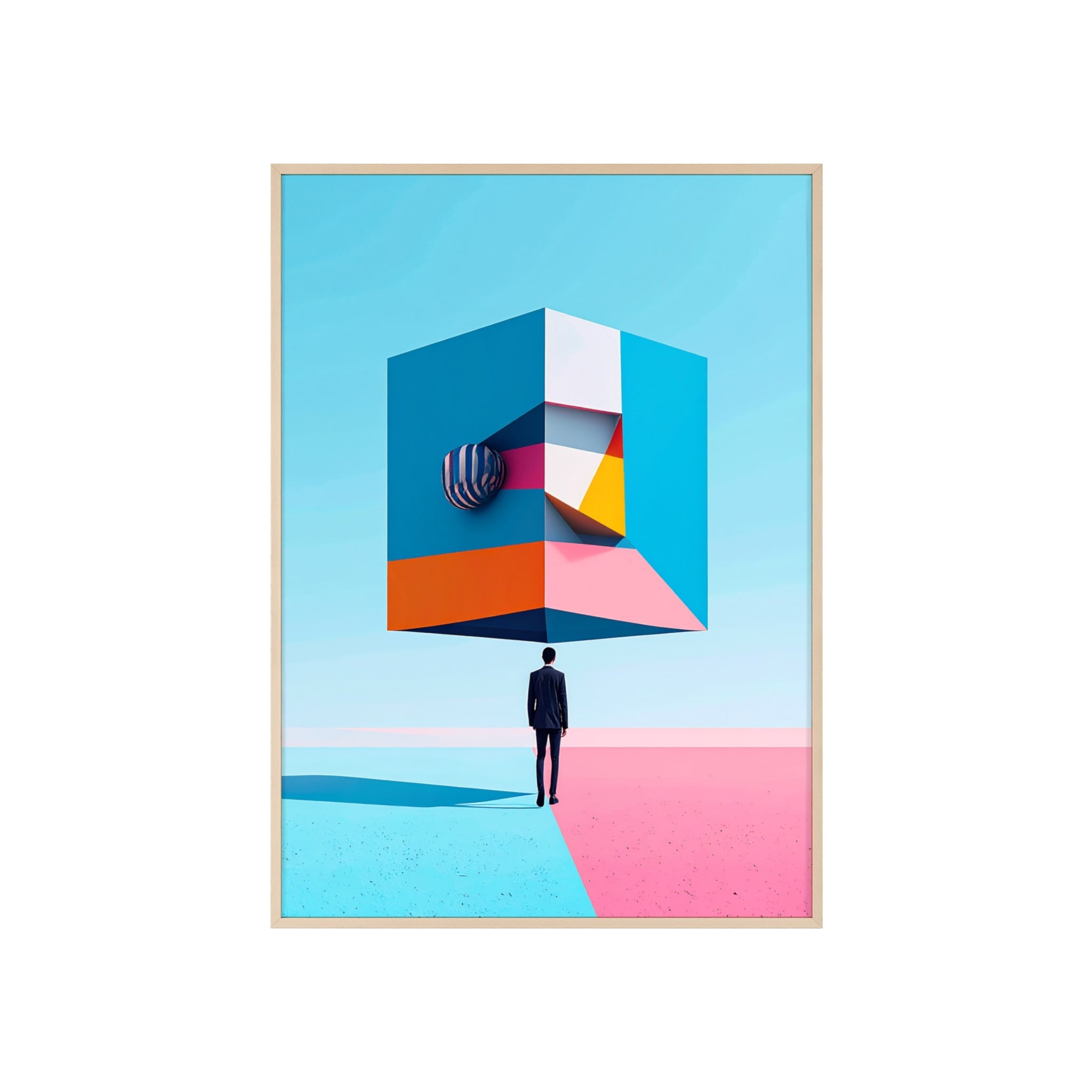 Surreal Geometric Art Poster with Wooden Frame — Modern Minimal Wall Decor