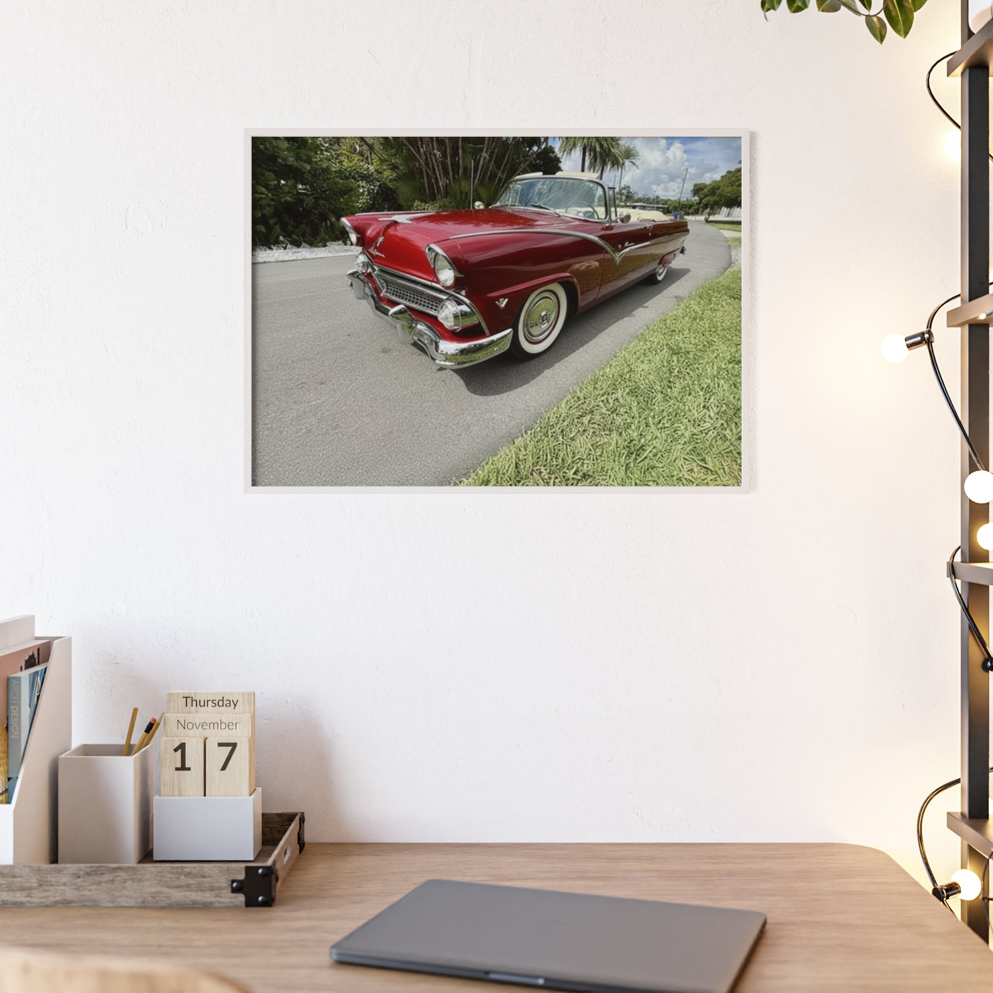 Vintage Red Convertible Poster with Wooden Frame — Classic Car Wall Art