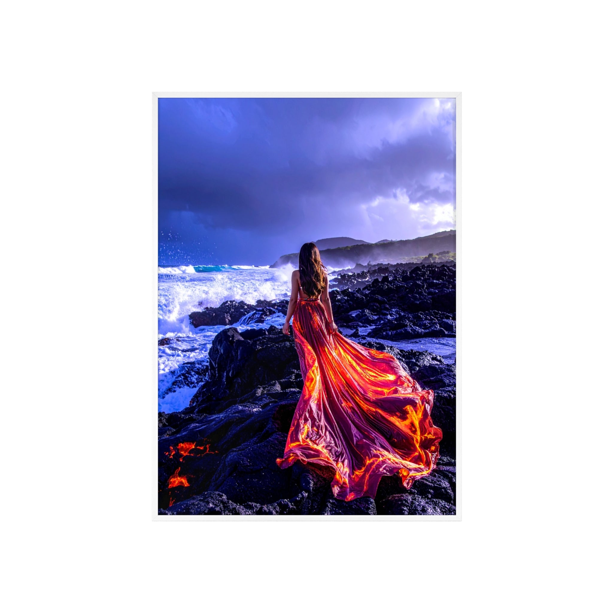 Framed Art Print — Woman in Fiery Red Dress on Rocky Shore (Wooden Frame Poster)