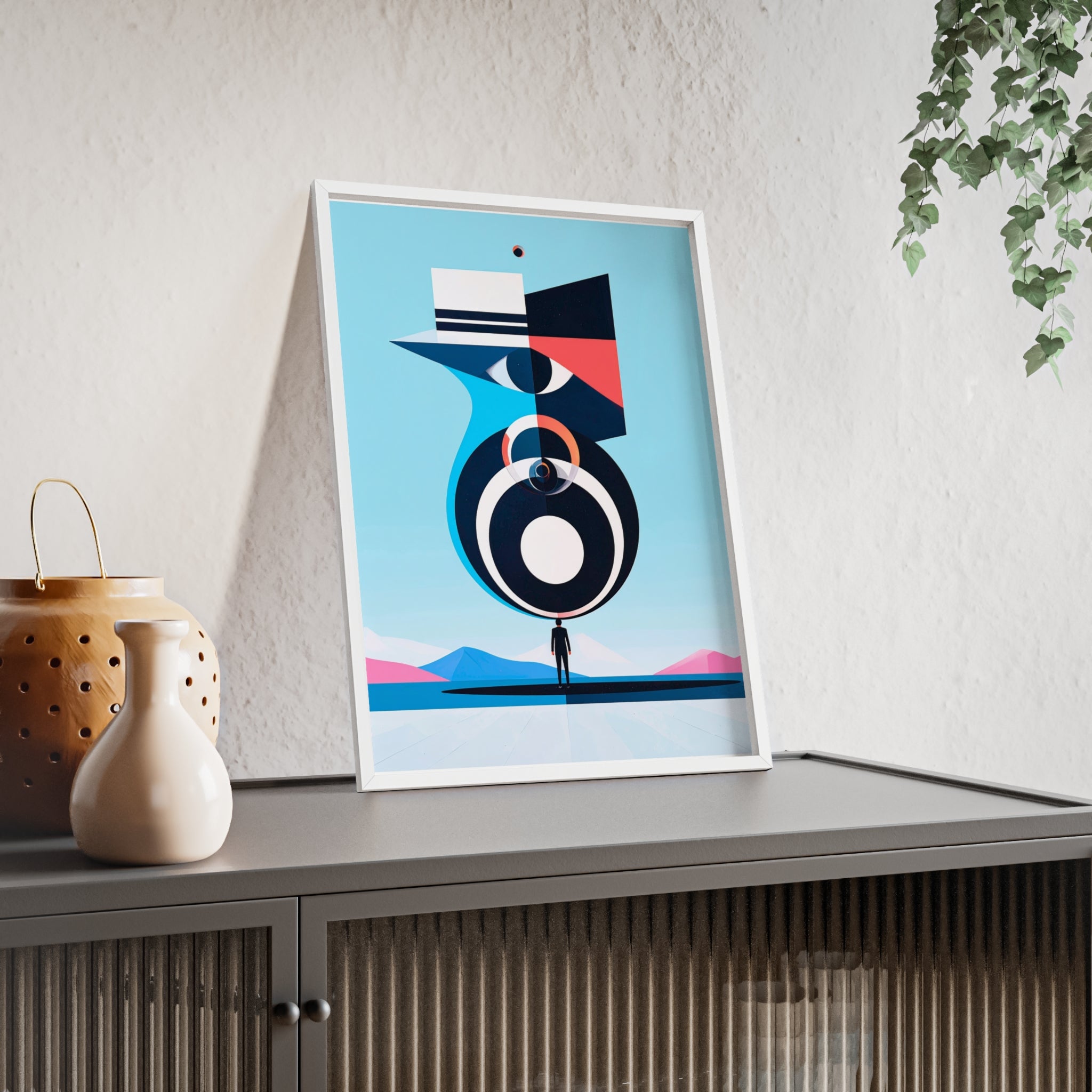 Abstract Geometric Bird Poster with Wooden Frame — Modern Minimalist Wall Art