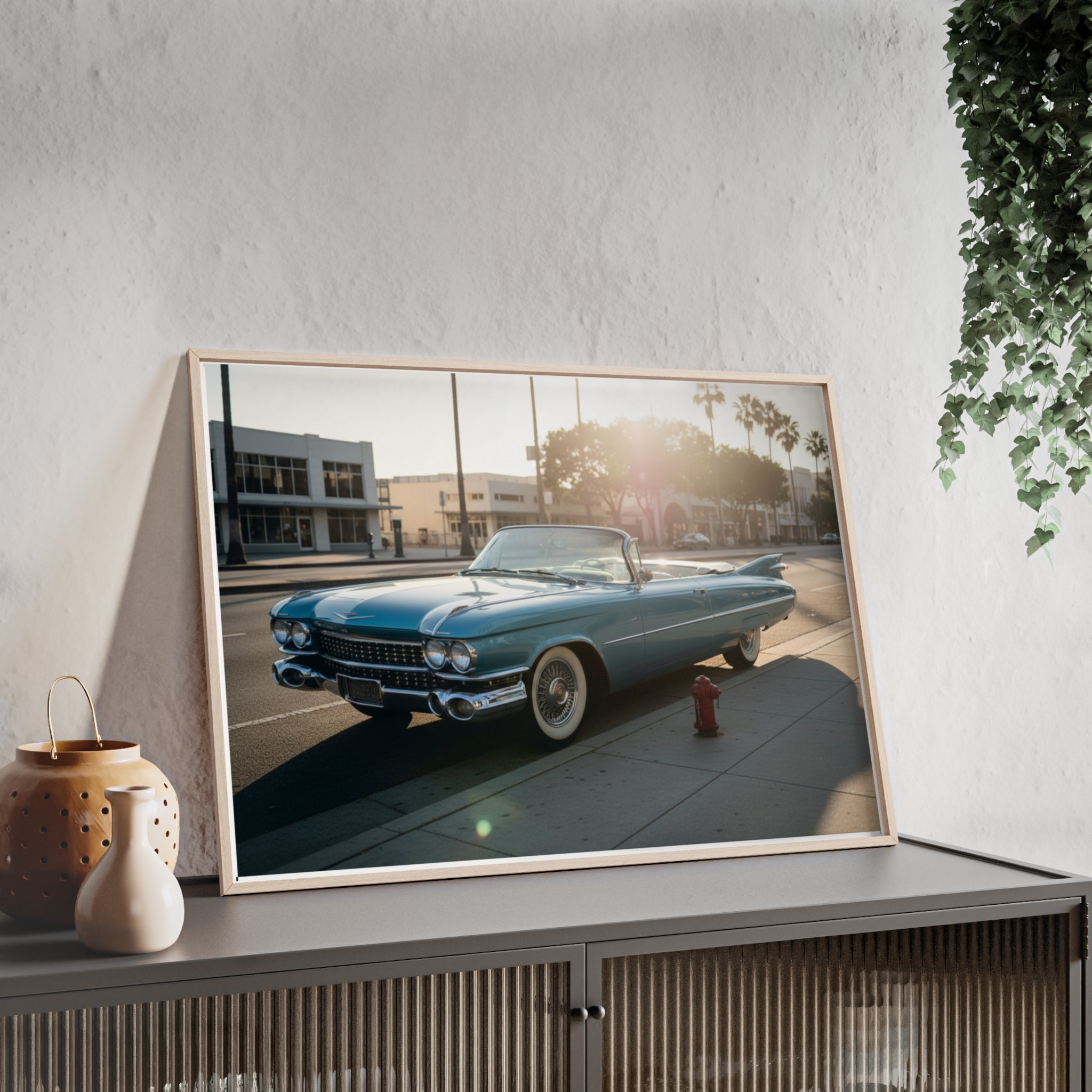 Vintage Blue Cadillac Poster with Wooden Frame – Retro Car Wall Art