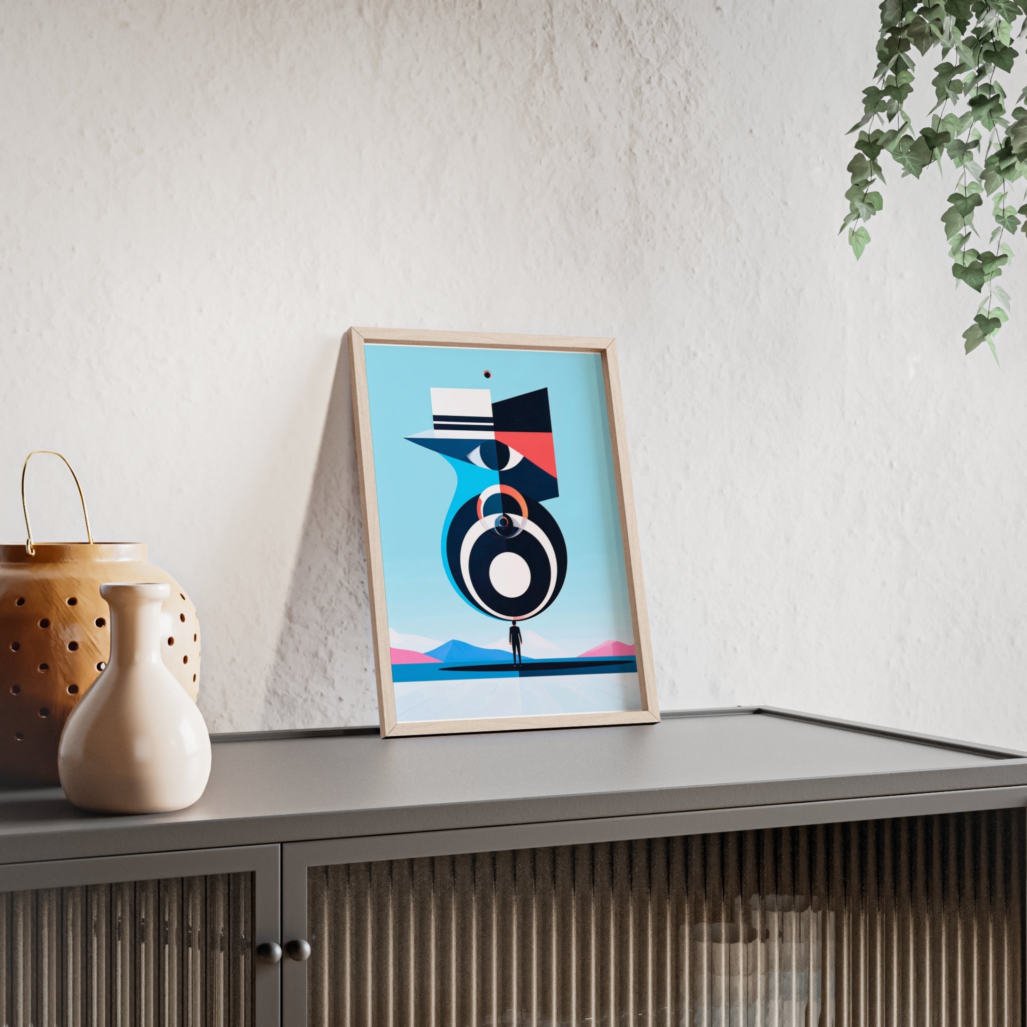 Abstract Geometric Bird Poster with Wooden Frame — Modern Minimalist Wall Art