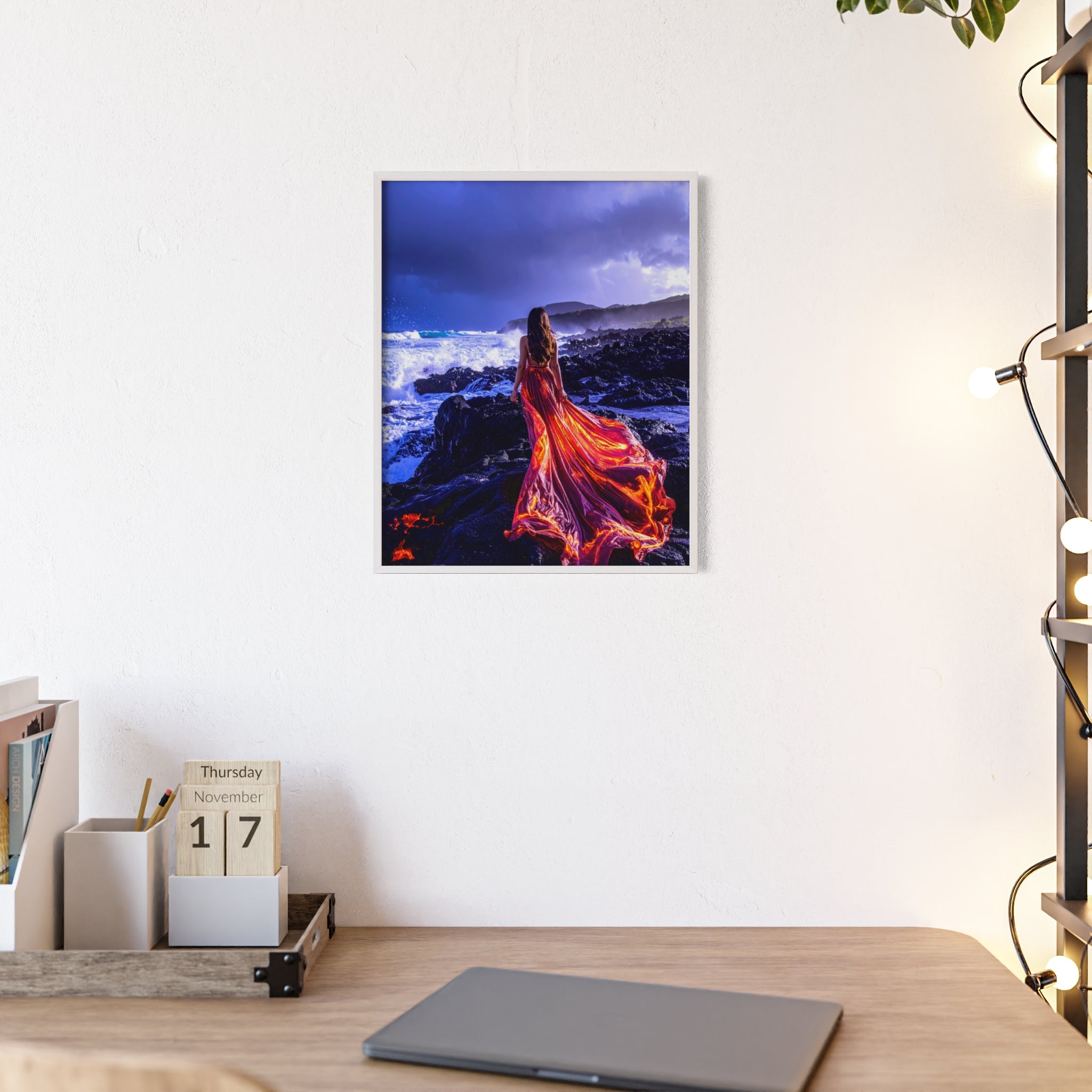 Framed Art Print — Woman in Fiery Red Dress on Rocky Shore (Wooden Frame Poster)