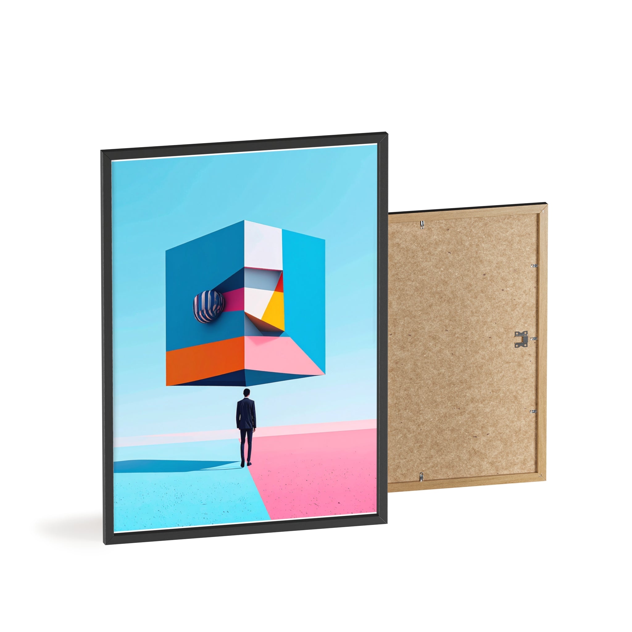 Surreal Geometric Art Poster with Wooden Frame — Modern Minimal Wall Decor