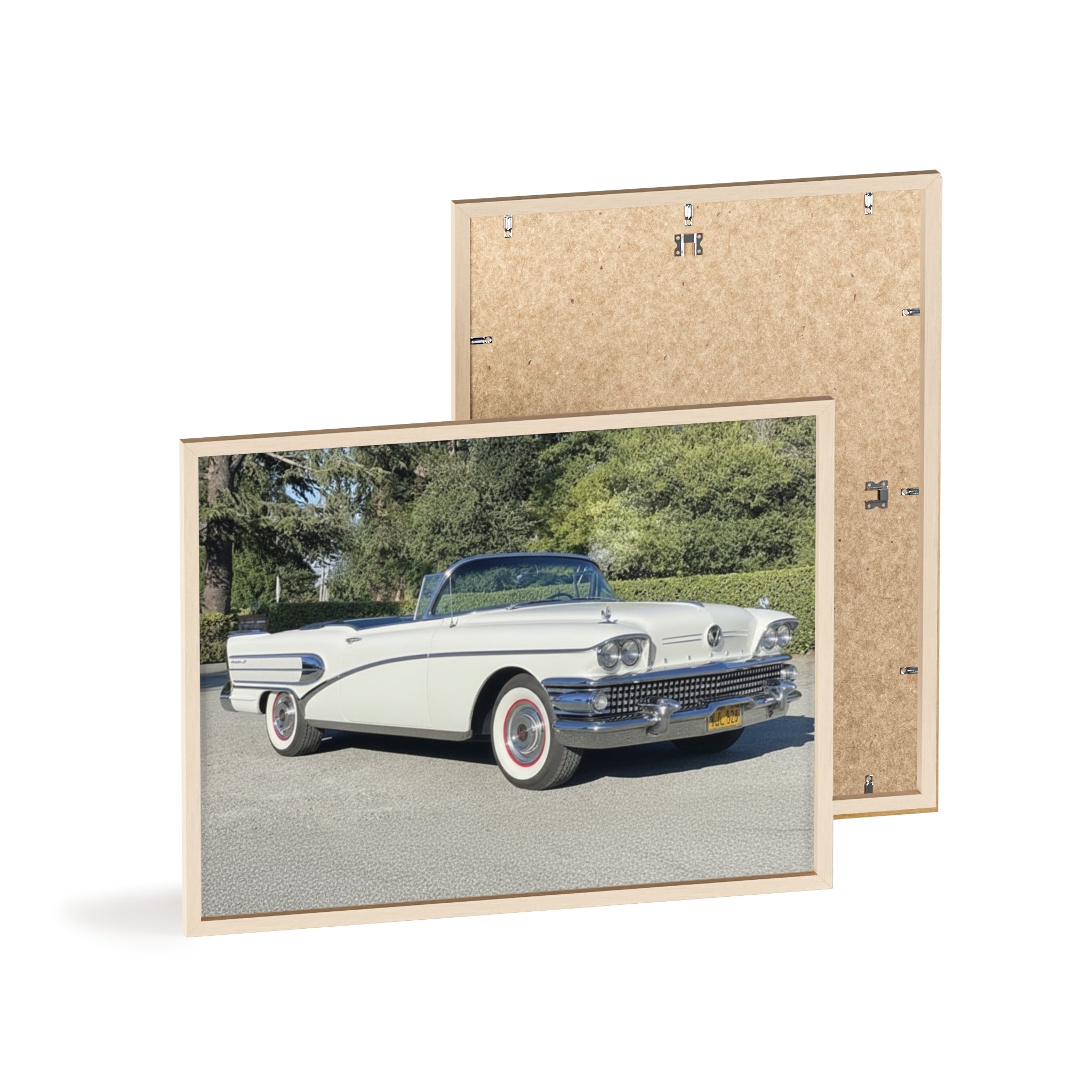 Classic White Convertible Car Poster with Wooden Frame — Vintage Auto Wall Art