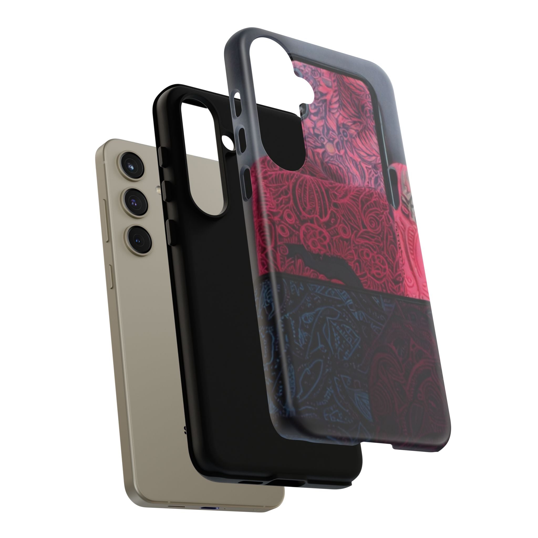 Floral Patchwork Tough Phone Case — Pink & Navy Doodle Design