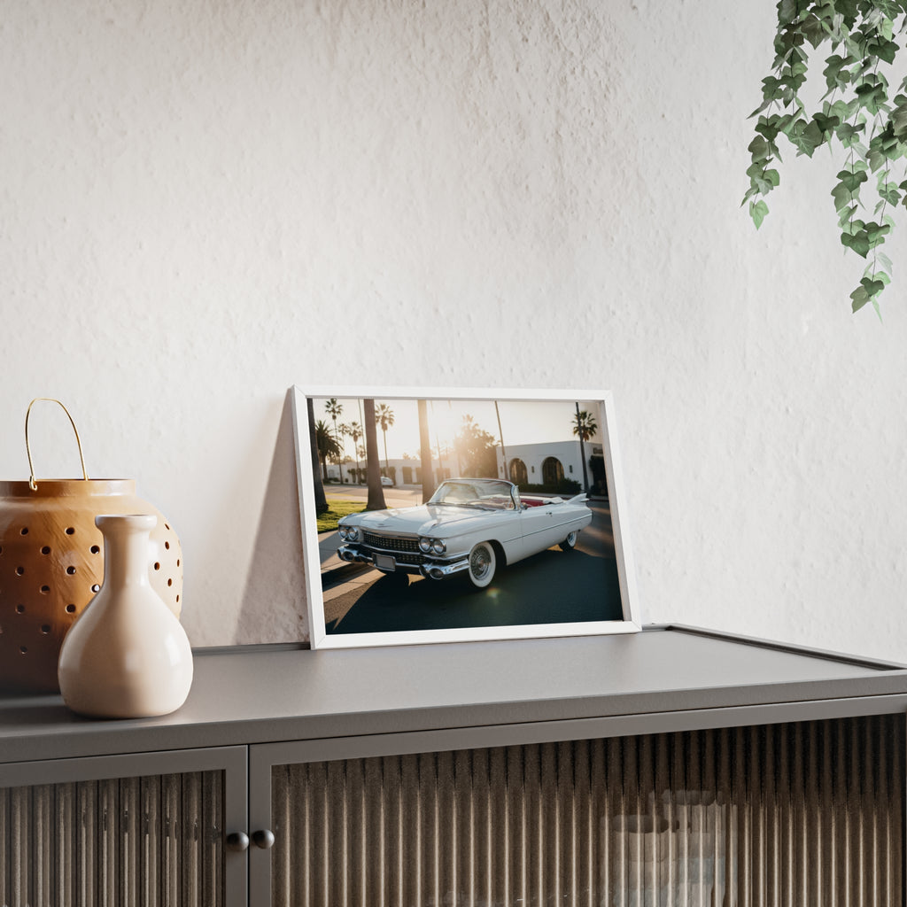 Vintage Cadillac Convertible Poster with Wooden Frame — Retro Palm Trees Sunset Wall Art