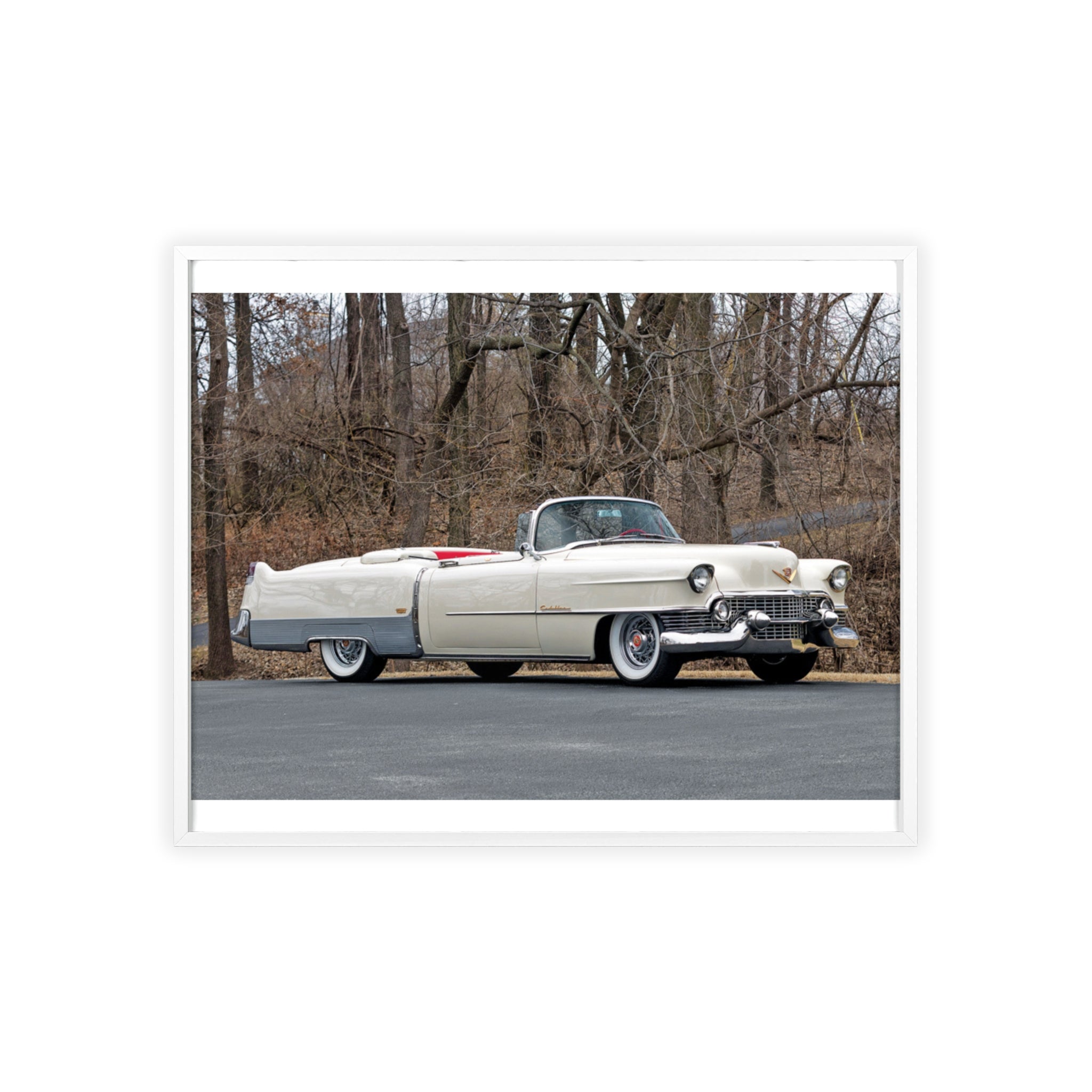 Vintage 1950s White Cadillac Poster with Wooden Frame - Classic Car Wall Art