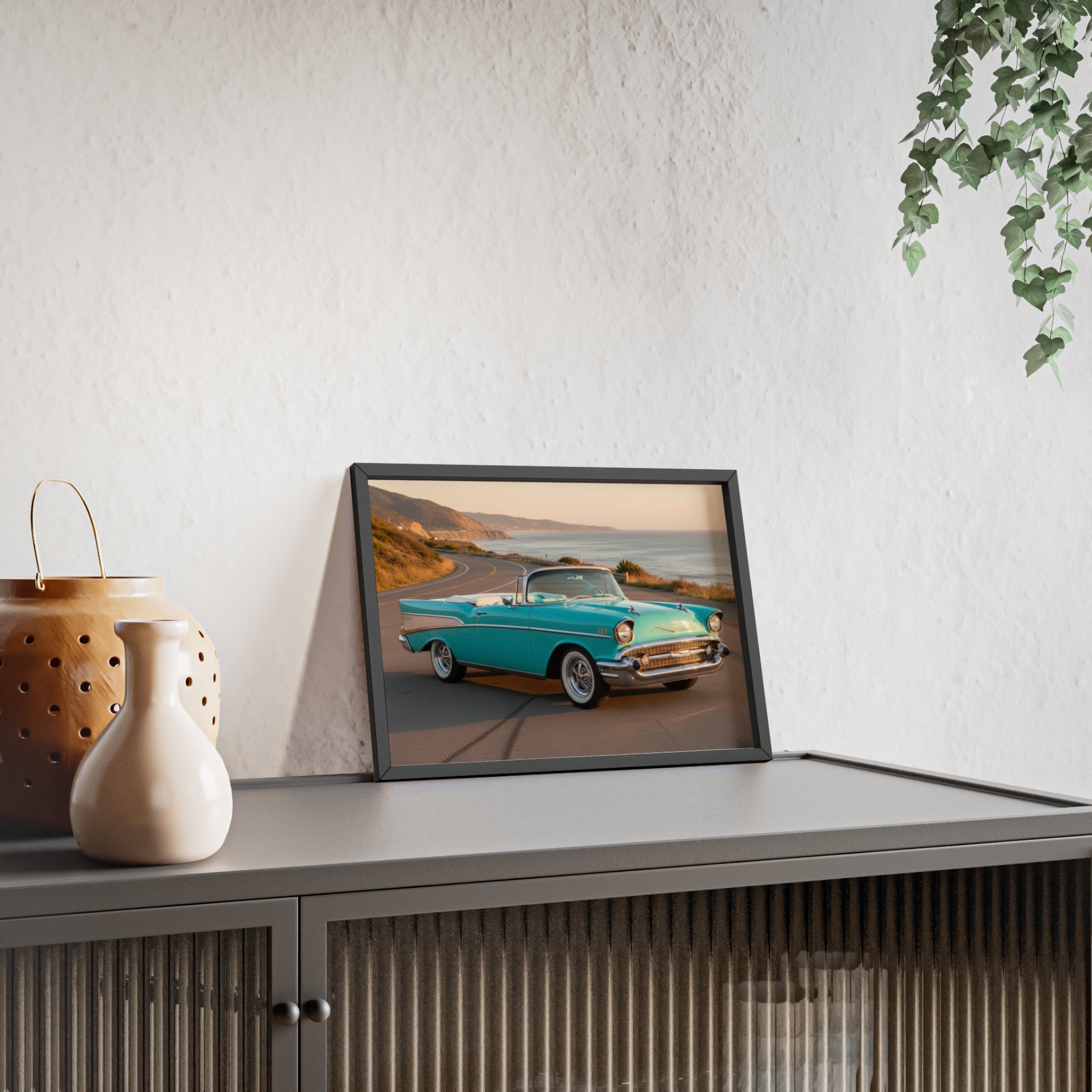 Vintage Teal Classic Car Poster with Wooden Frame — Coastal Road Print