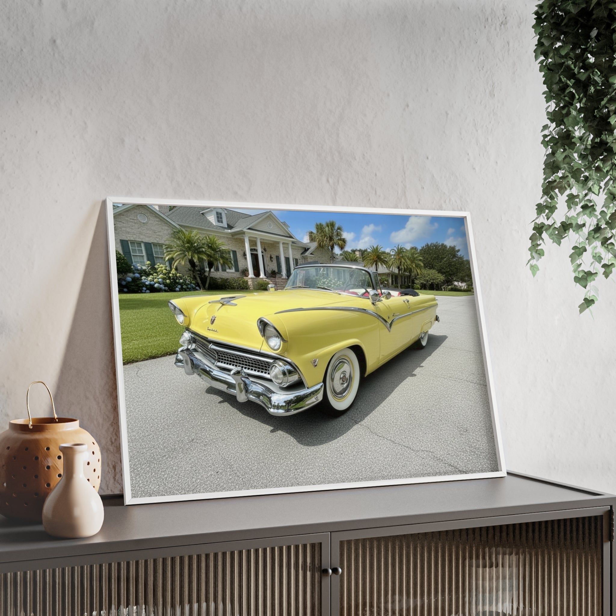 Vintage Yellow Classic Car Poster — Framed Wooden Wall Art