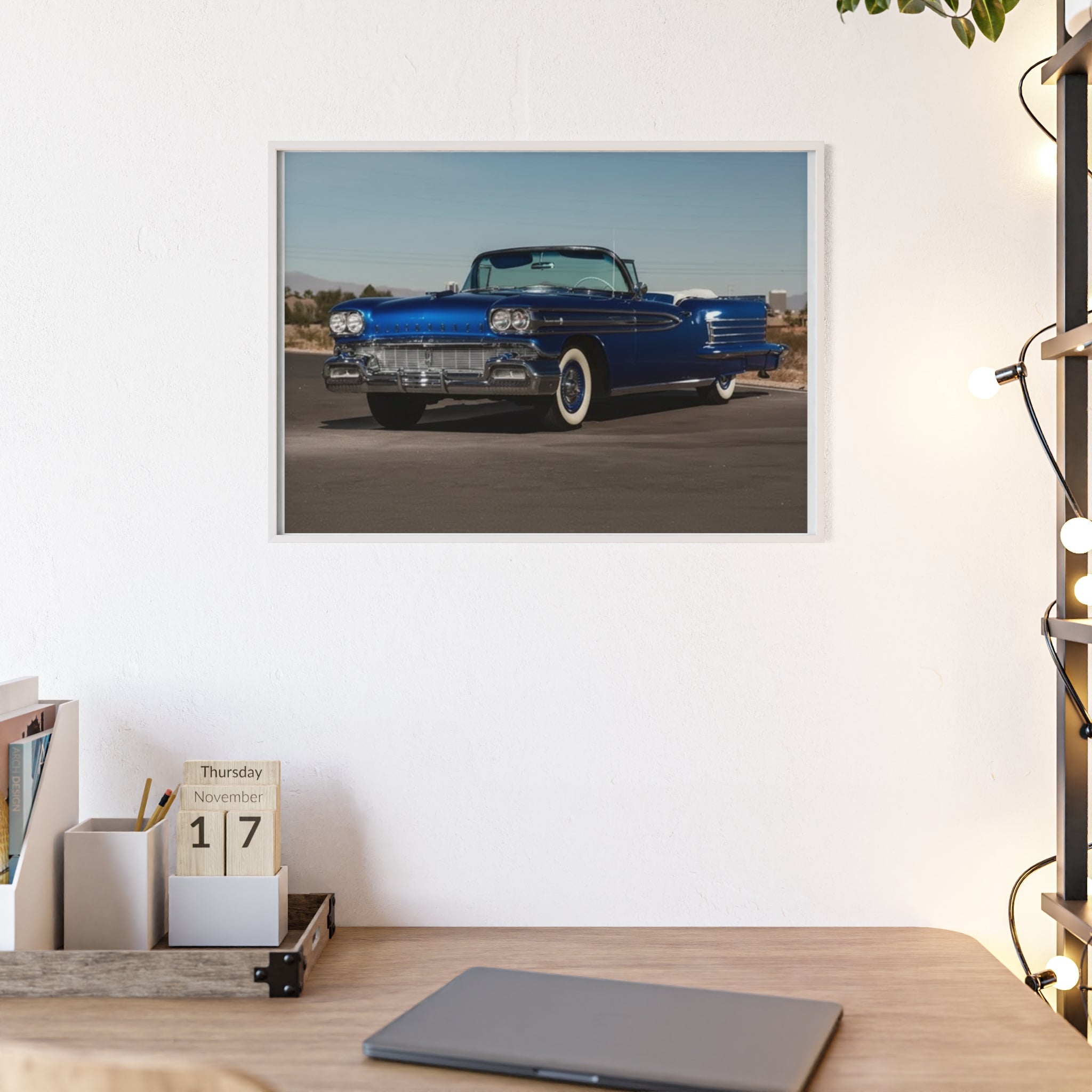 Framed Vintage Blue Classic Car Poster — Retro Automobile Wall Art