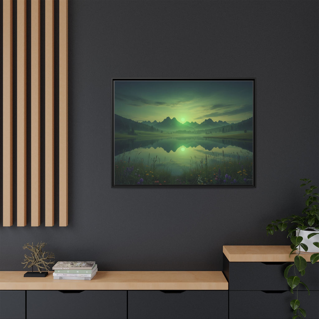 Framed Matte Canvas Print — Serene Green Mountain Lake Landscape
