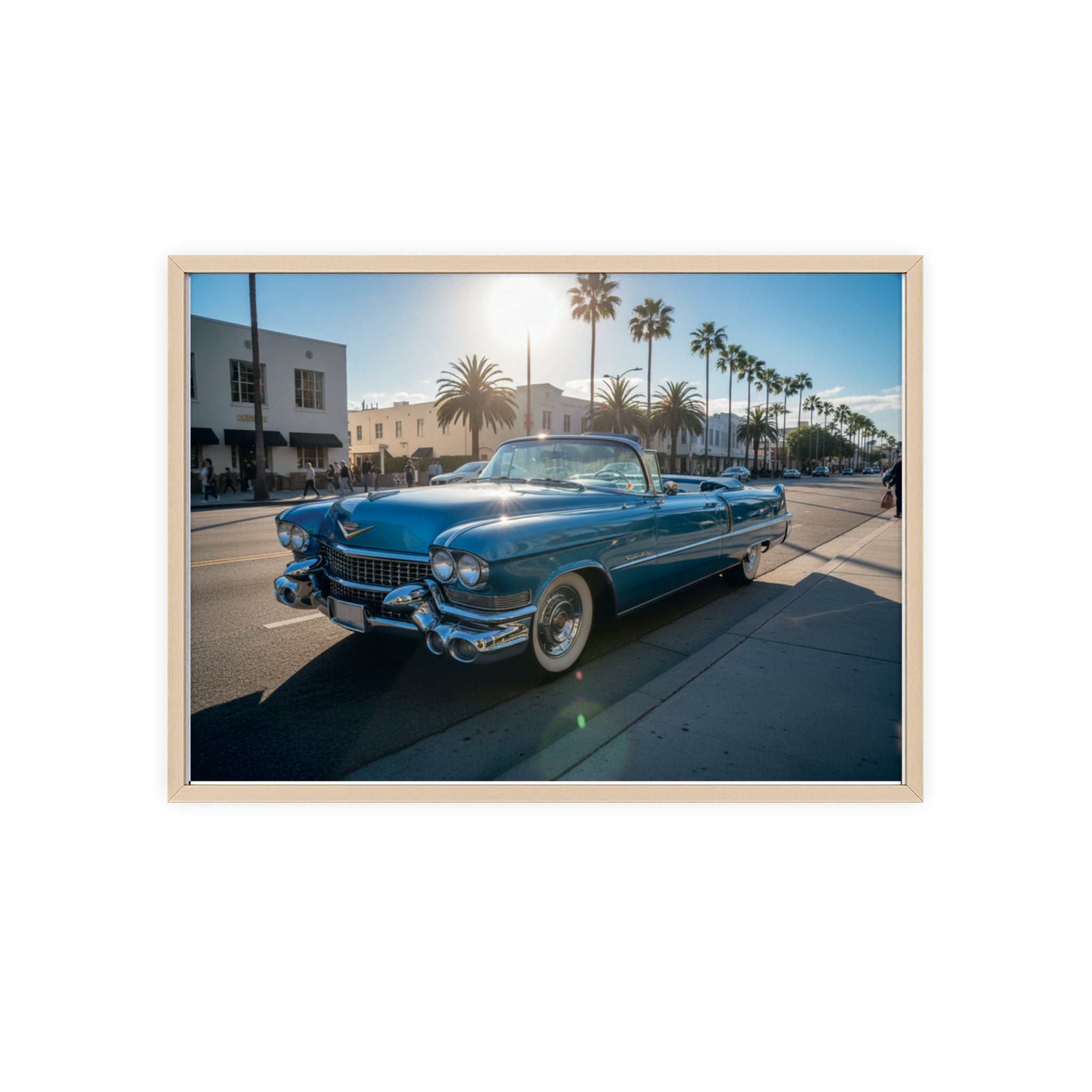 Framed Vintage Cadillac Poster – Retro Palm-Tree Coastal Car Wall Art