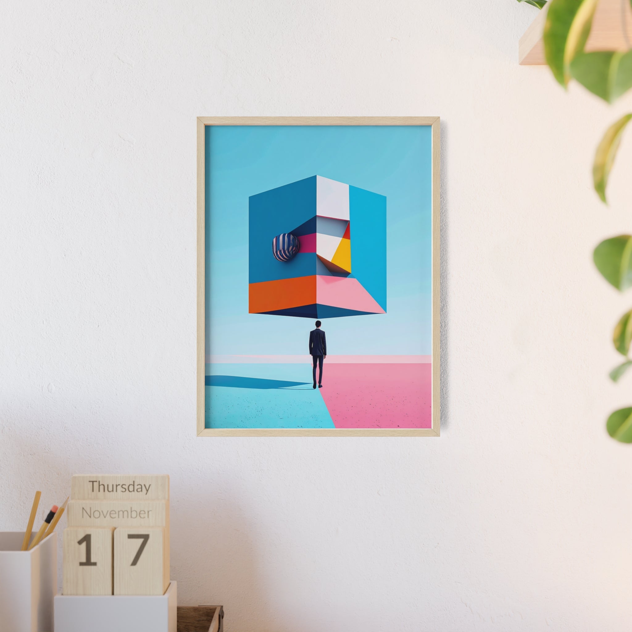 Surreal Geometric Art Poster with Wooden Frame — Modern Minimal Wall Decor