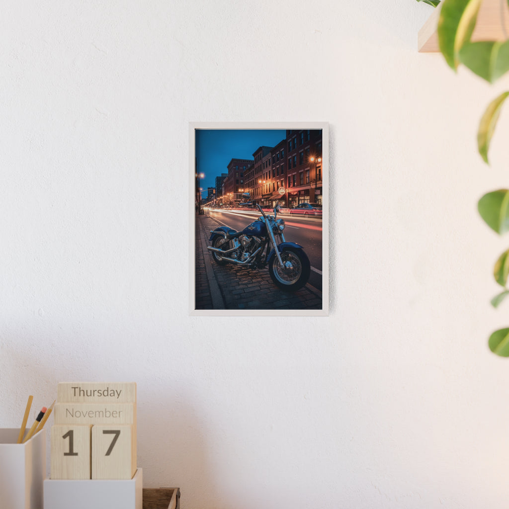 Framed Motorcycle Poster — Night City Street Bike Wall Art
