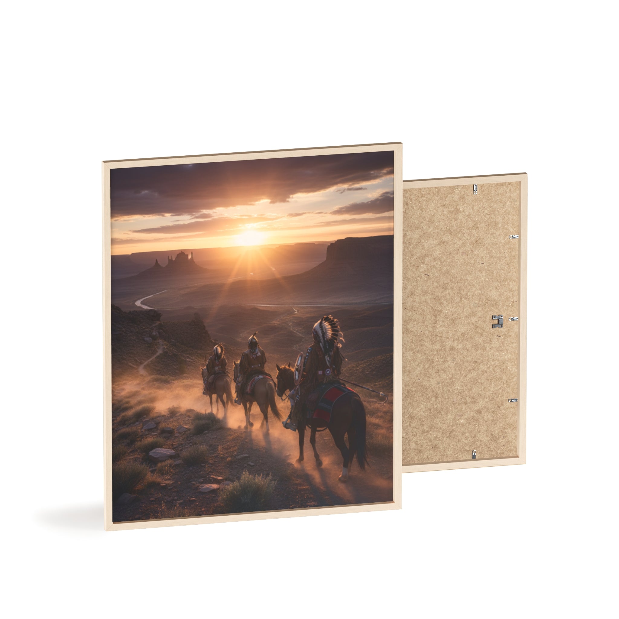 Framed Western Sunset Poster — Native Riders on Horseback Wall Art