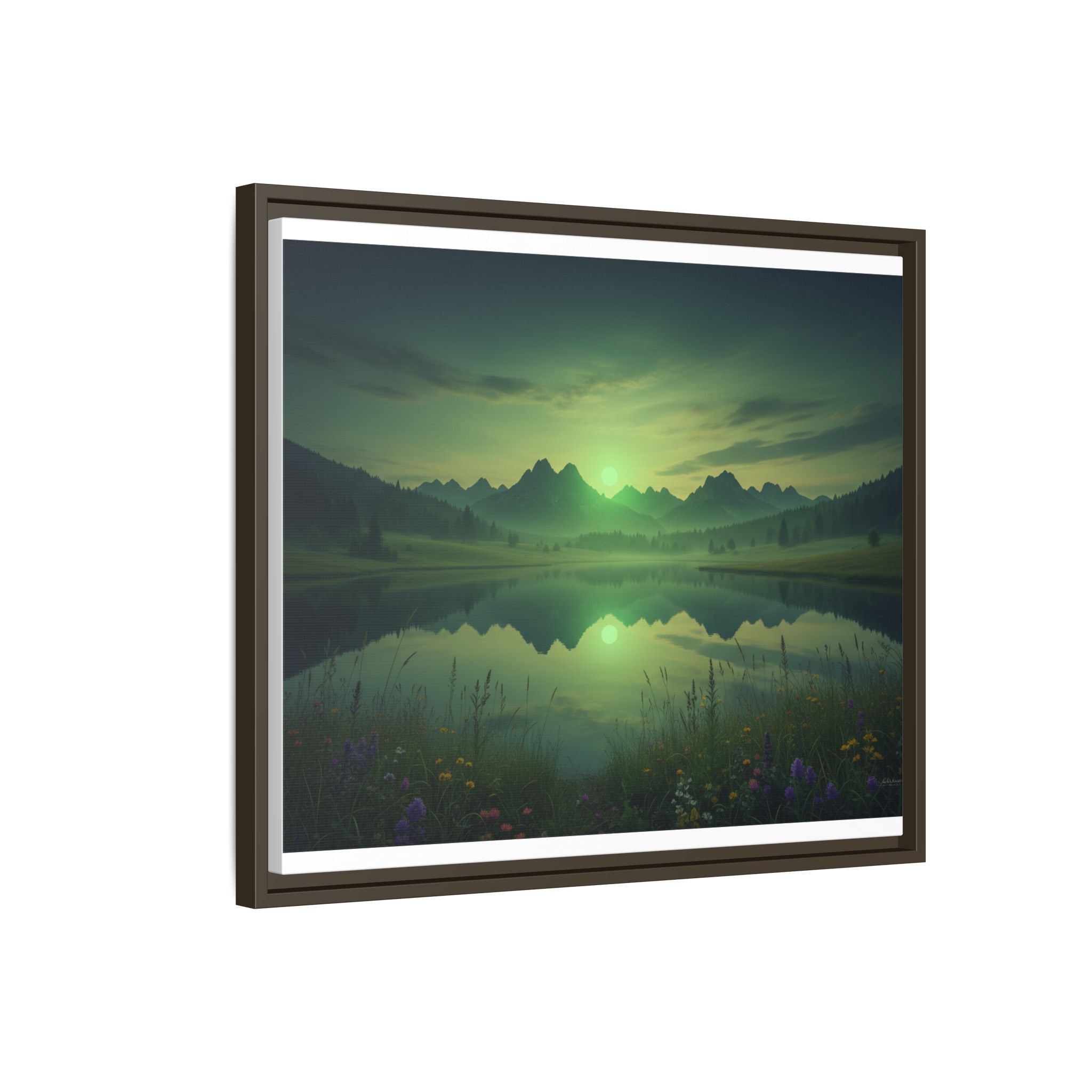 Framed Matte Canvas Print — Serene Green Mountain Lake Landscape