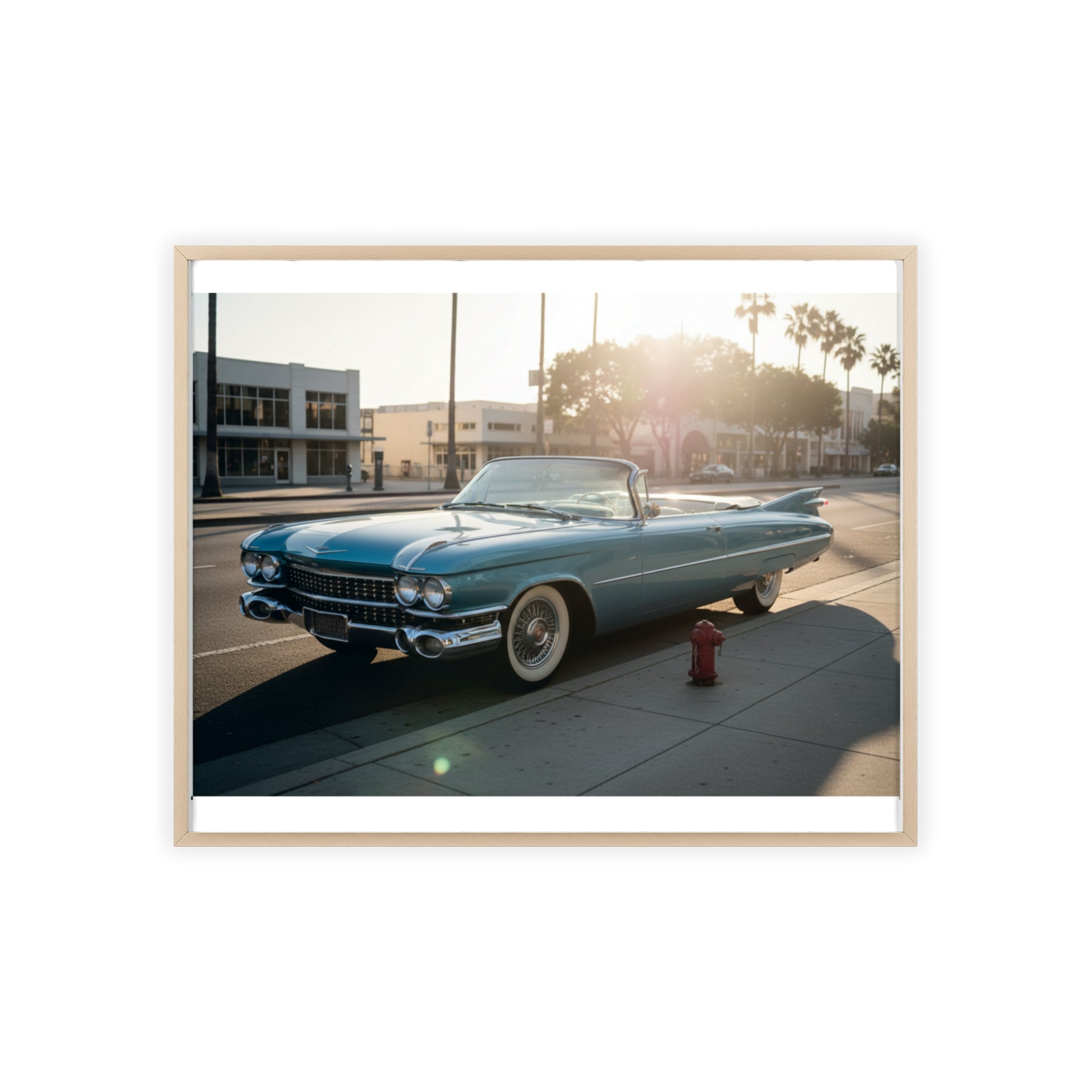 Vintage Blue Cadillac Poster with Wooden Frame – Retro Car Wall Art