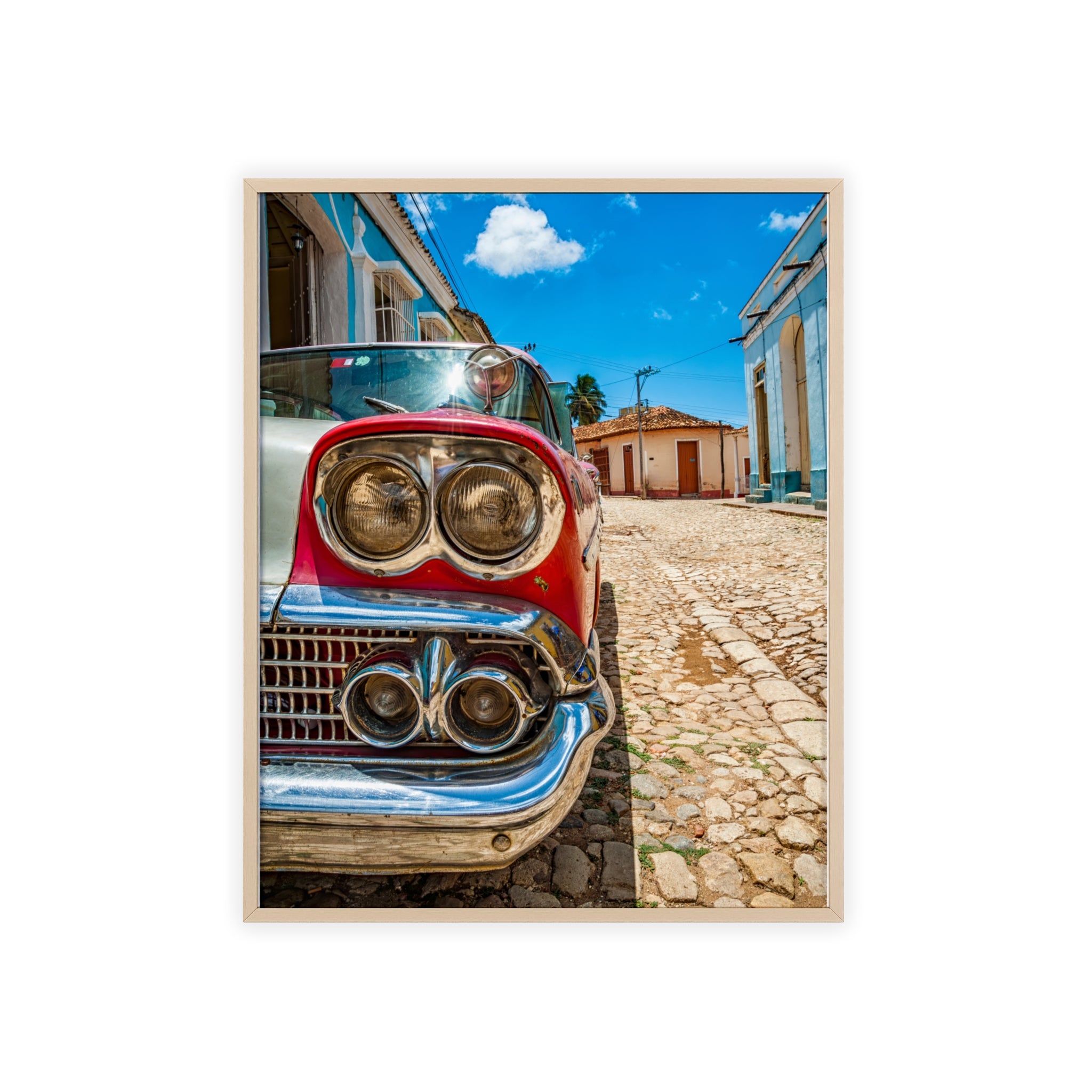 Vintage Classic Car Poster with Wooden Frame — Retro Cuba Street Photography Wall Art