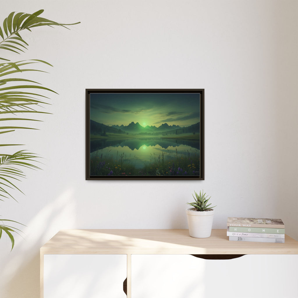 Framed Matte Canvas Print — Serene Green Mountain Lake Landscape