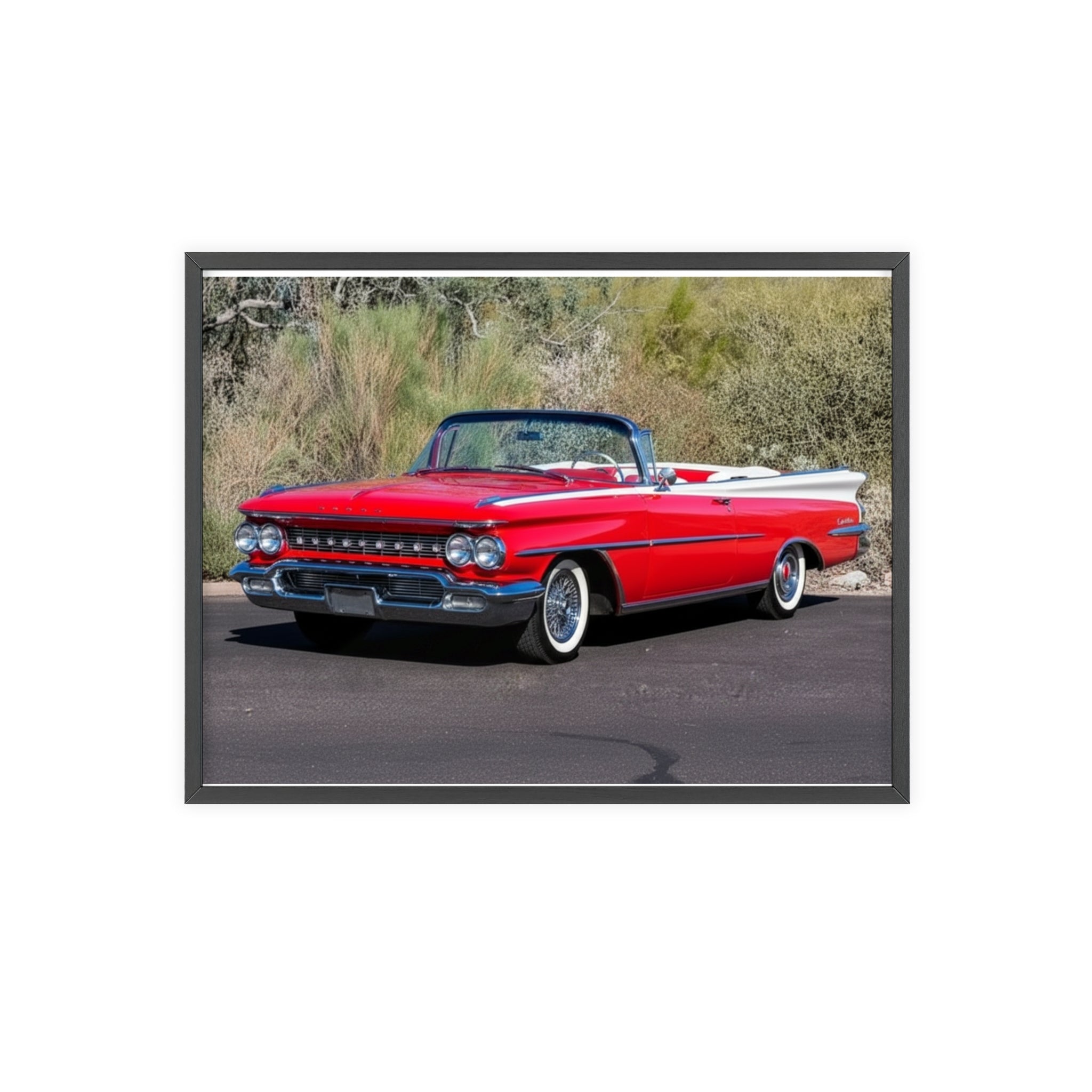 Vintage Red Convertible Car Poster with Wooden Frame — Classic Auto Wall Art