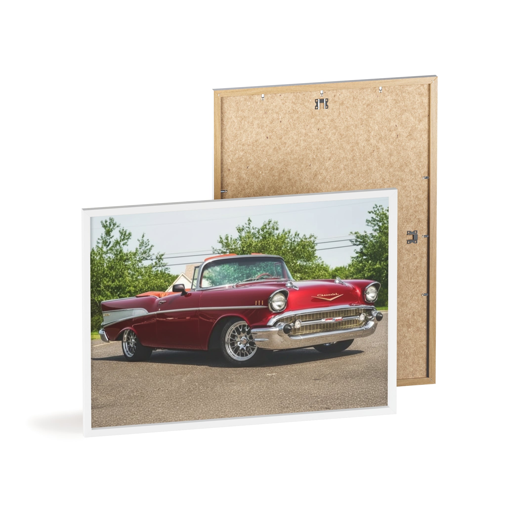 Vintage Red Classic Car Poster with Wooden Frame — Retro Automotive Wall Art