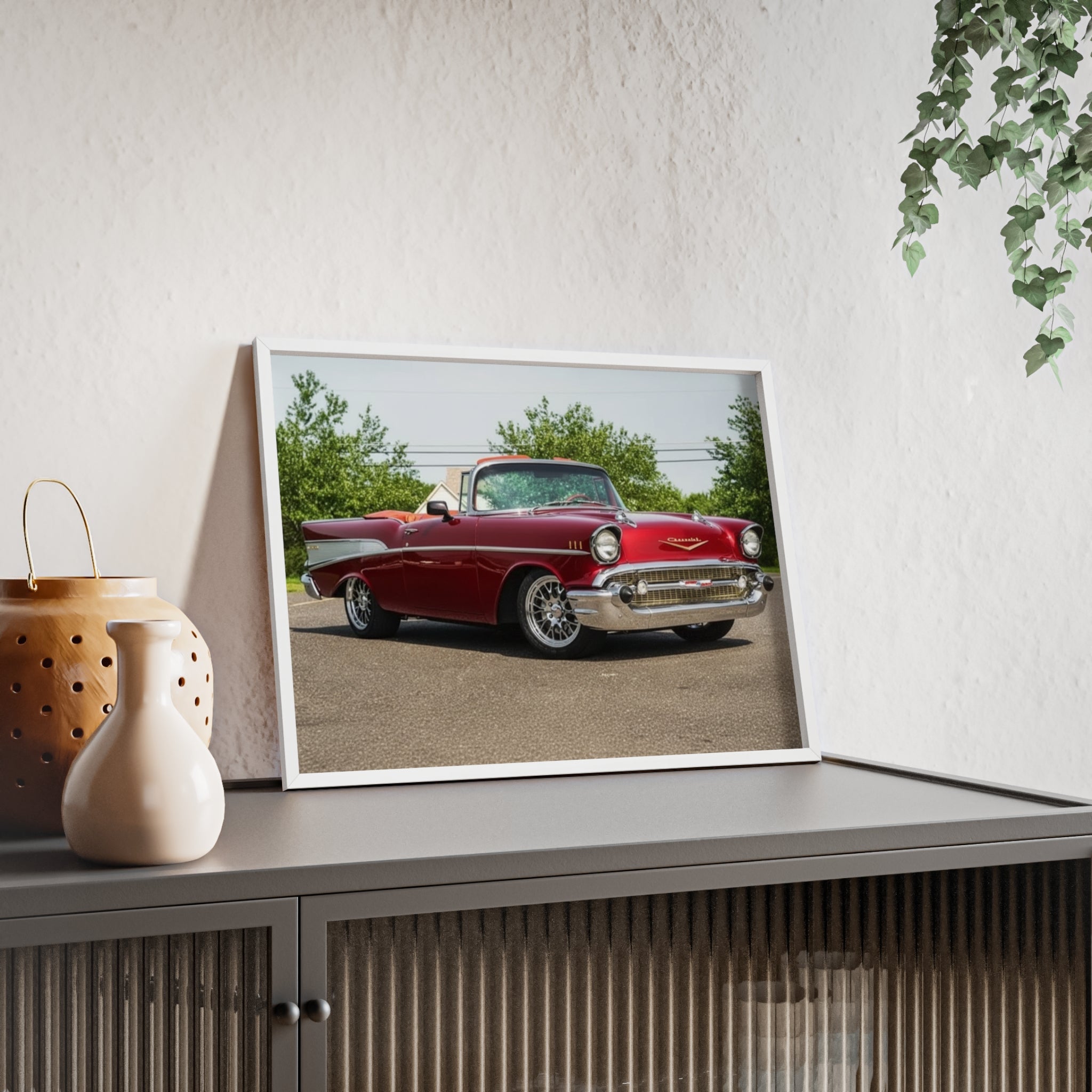 Vintage Red Classic Car Poster with Wooden Frame — Retro Automotive Wall Art