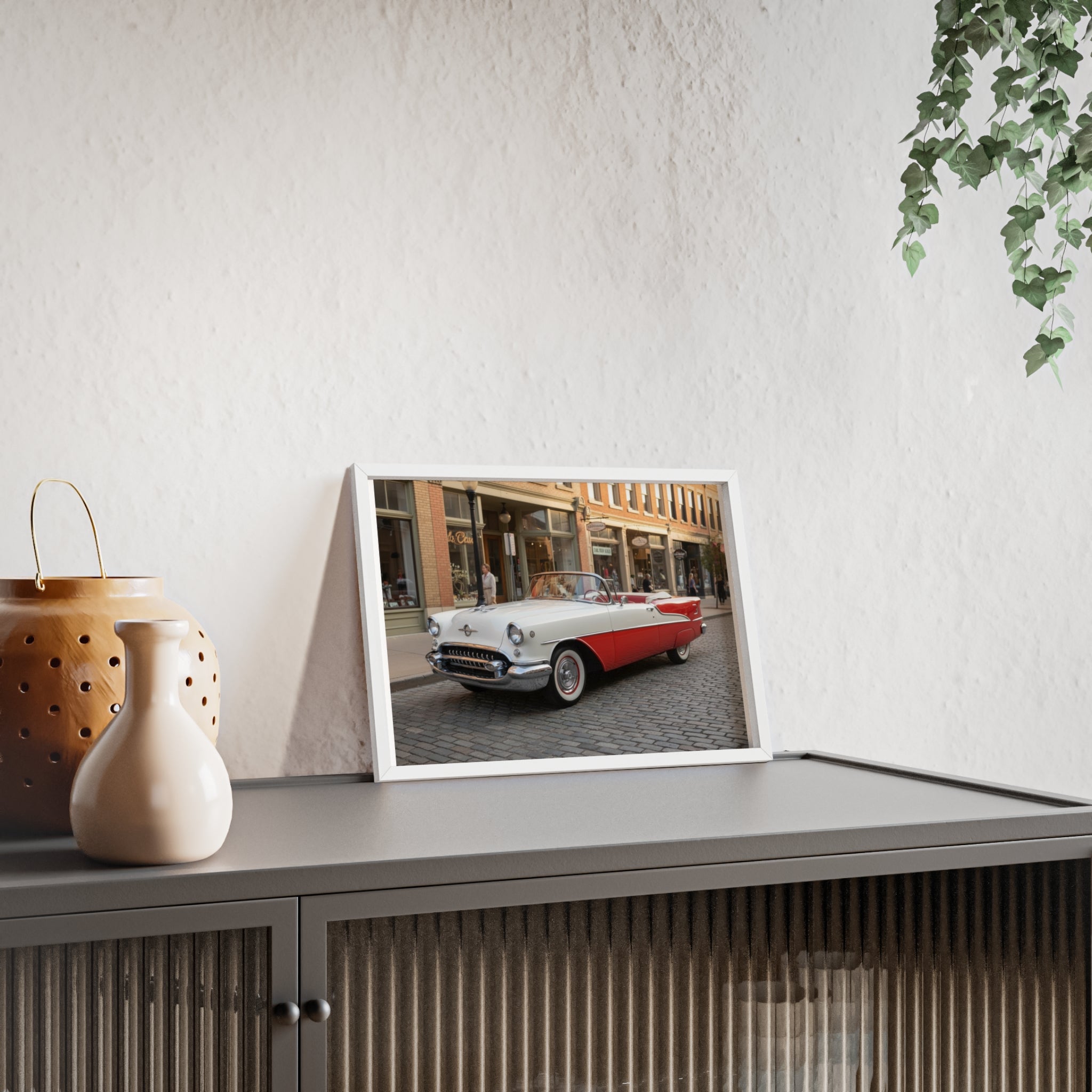 Vintage Red & White Convertible Poster with Wooden Frame — Retro Car Wall Art