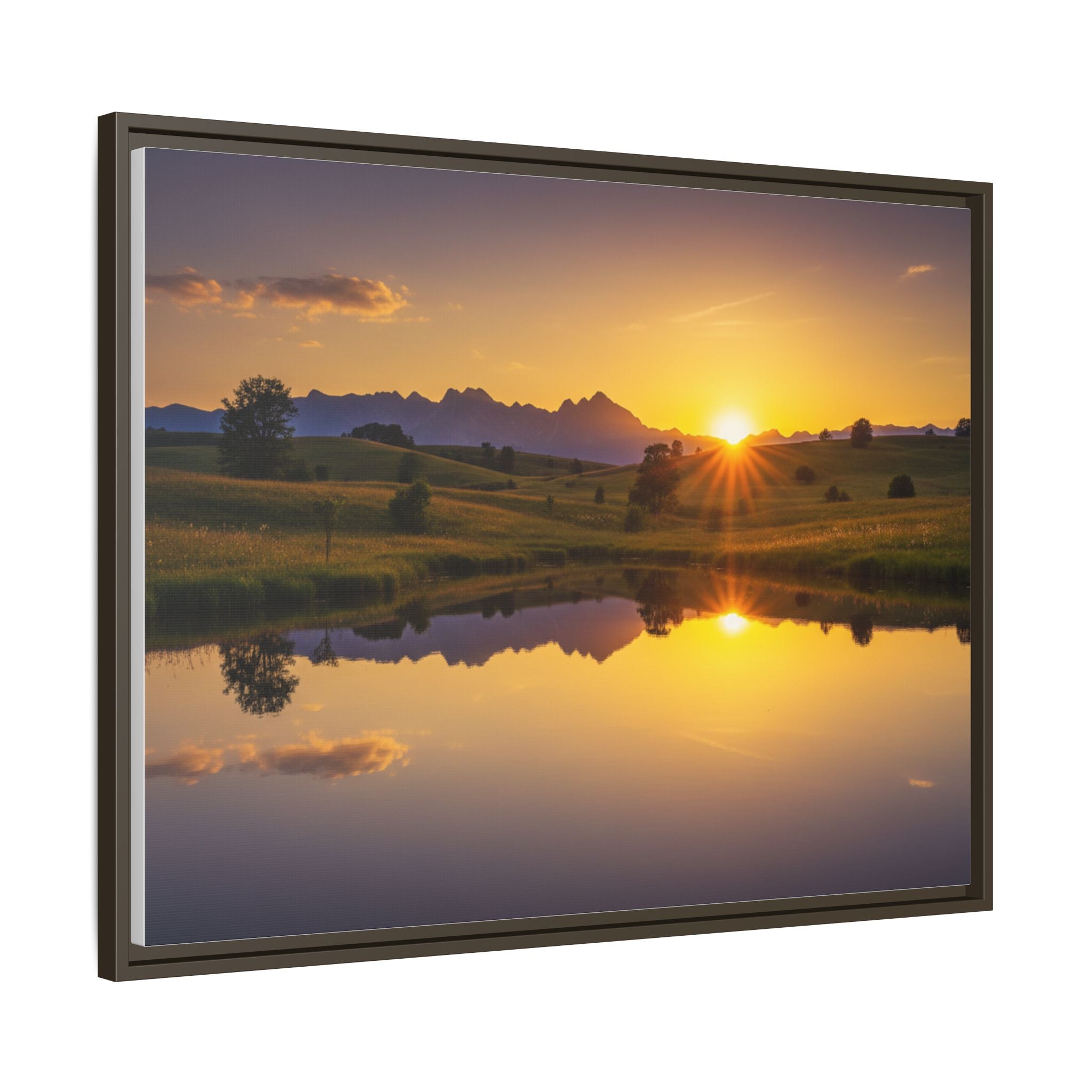 Framed Matte Canvas Sunset Landscape — Serene Lake Reflection Wall Art