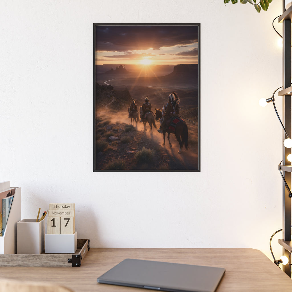 Framed Western Sunset Poster — Native Riders on Horseback Wall Art