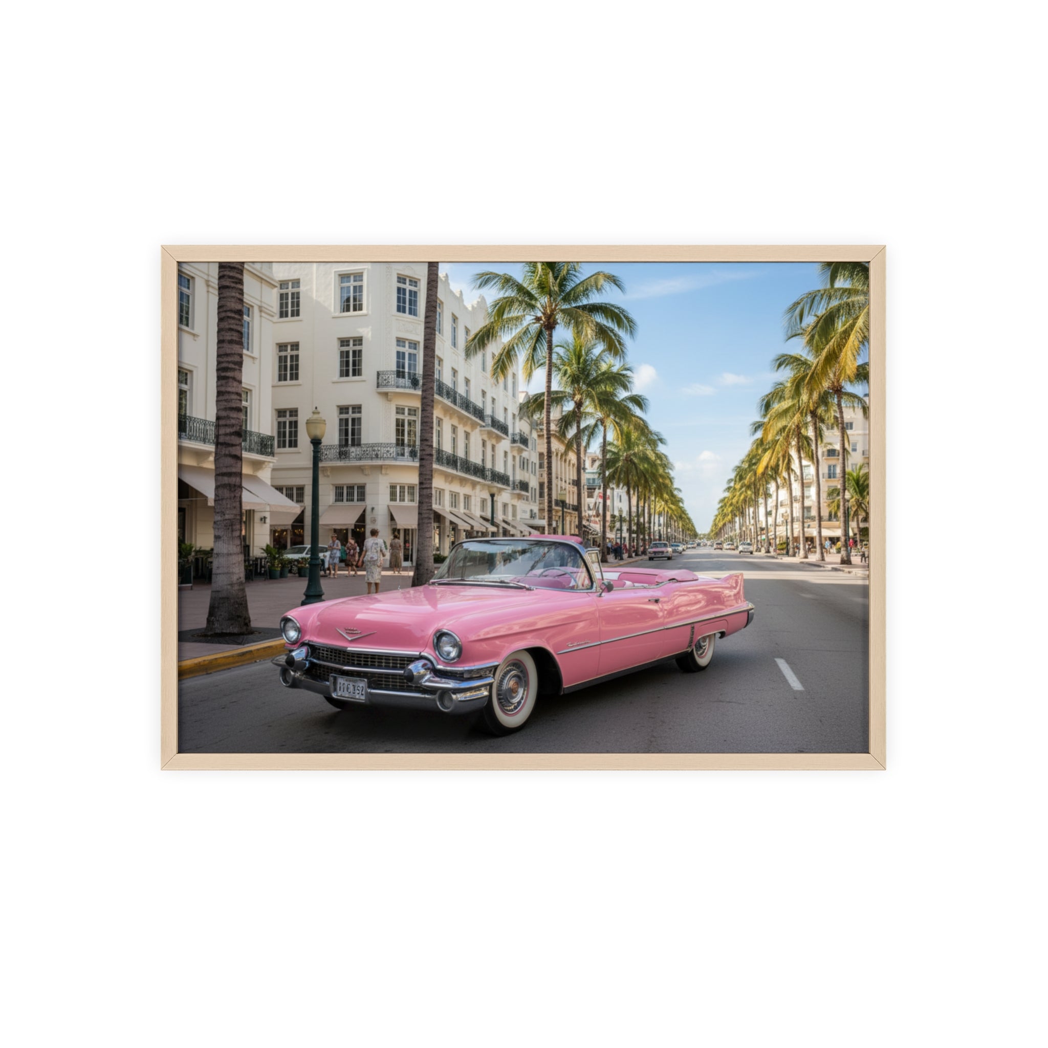 Vintage Pink Cadillac Wall Poster with Wooden Frame — Retro Miami Palm Street Photography