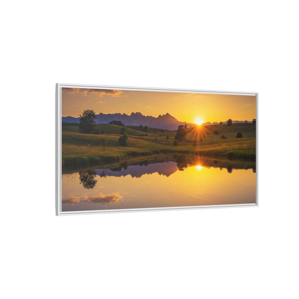 Framed Matte Canvas Sunset Landscape — Serene Lake Reflection Wall Art