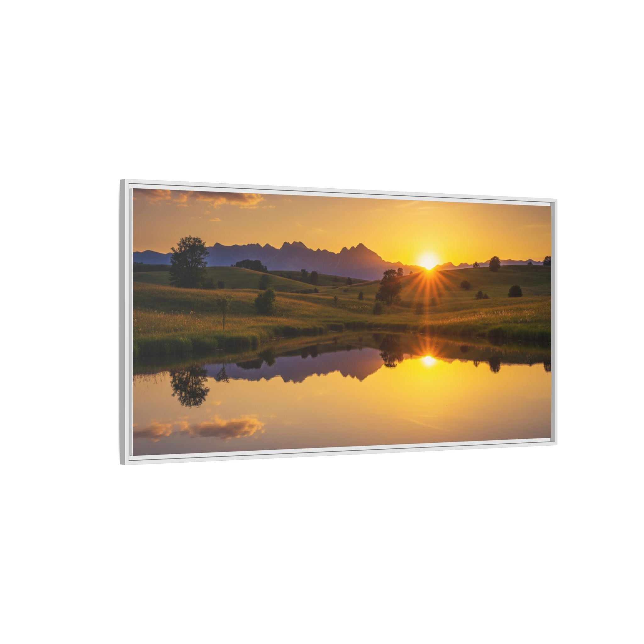 Framed Matte Canvas Sunset Landscape — Serene Lake Reflection Wall Art