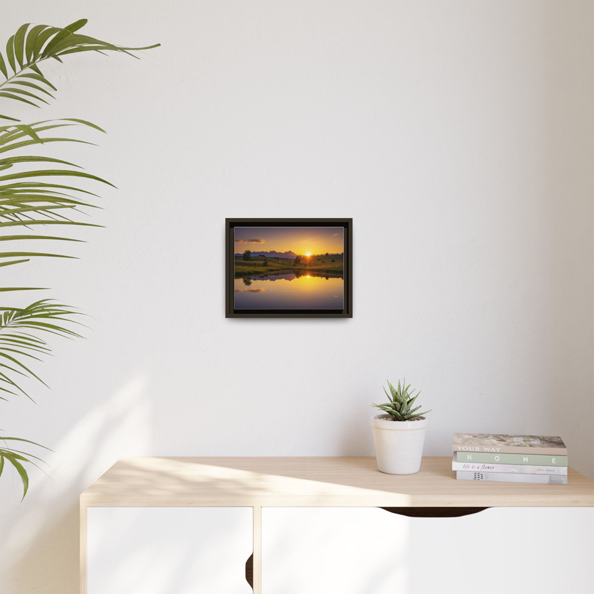Framed Matte Canvas Sunset Landscape — Serene Lake Reflection Wall Art