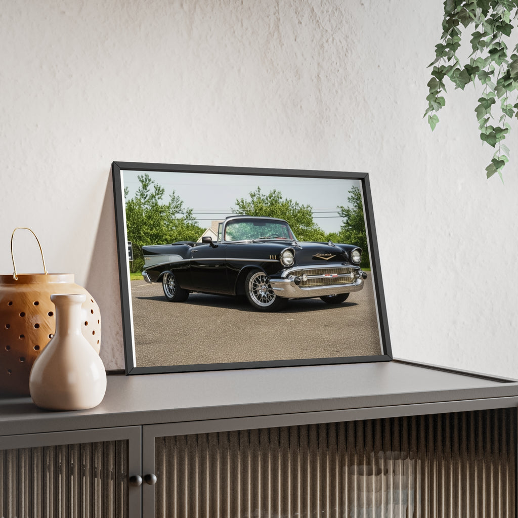 Classic Black 1957 Chevy Poster with Wooden Frame — Vintage Car Wall Art