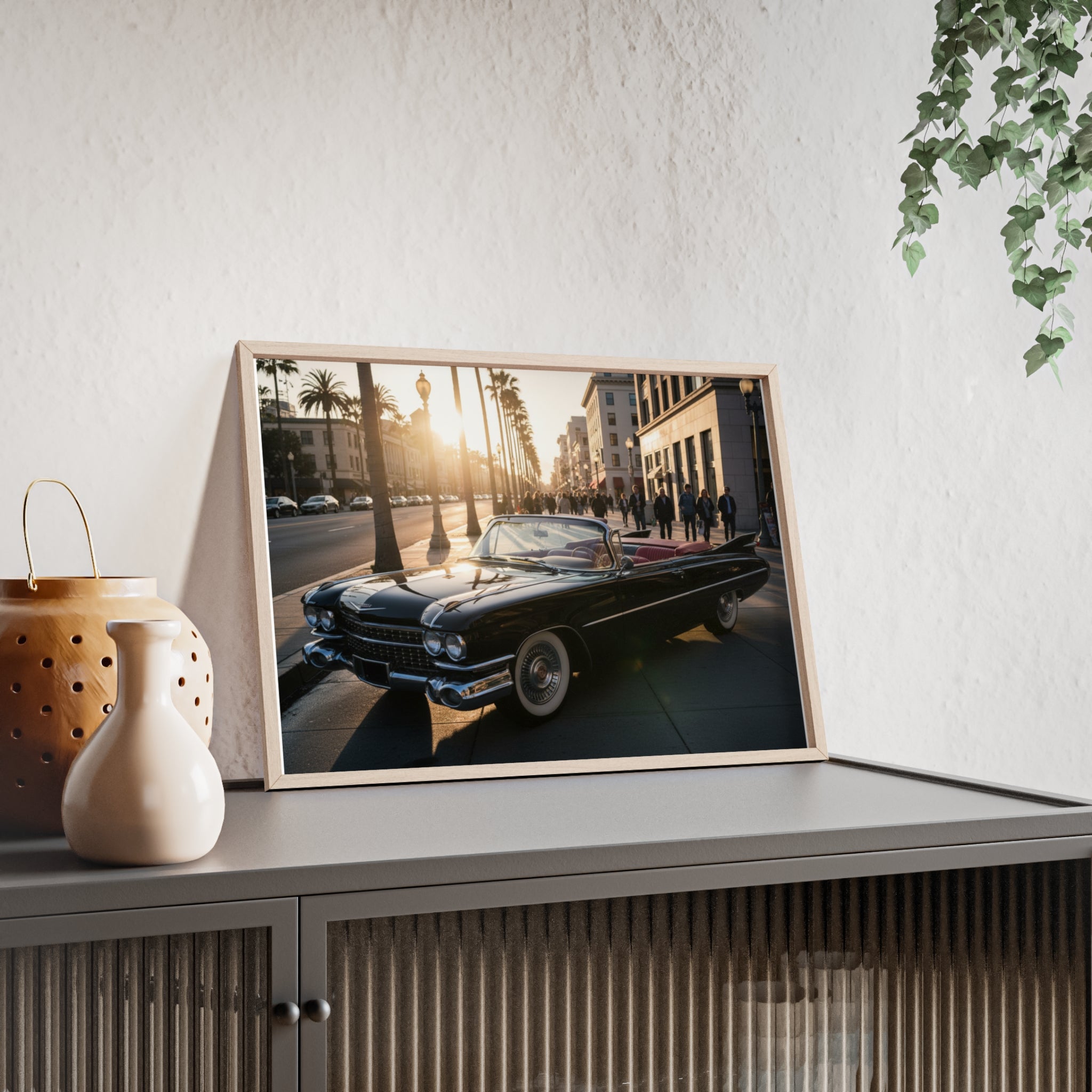 Vintage Convertible Sunset Poster with Wooden Frame