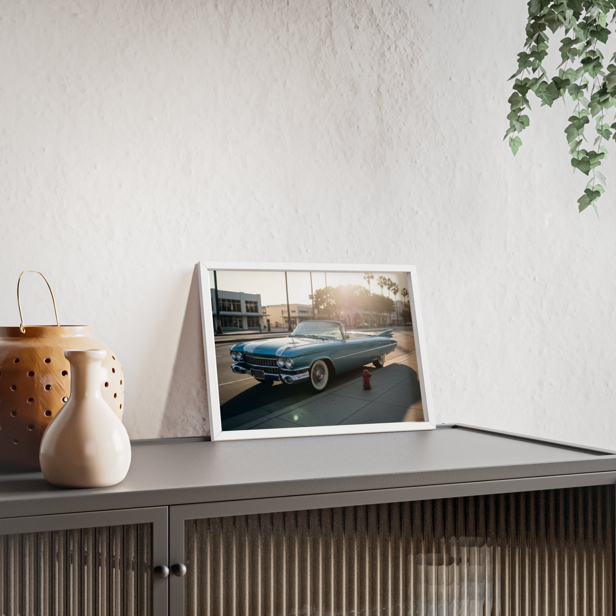 Vintage Blue Cadillac Poster with Wooden Frame – Retro Car Wall Art