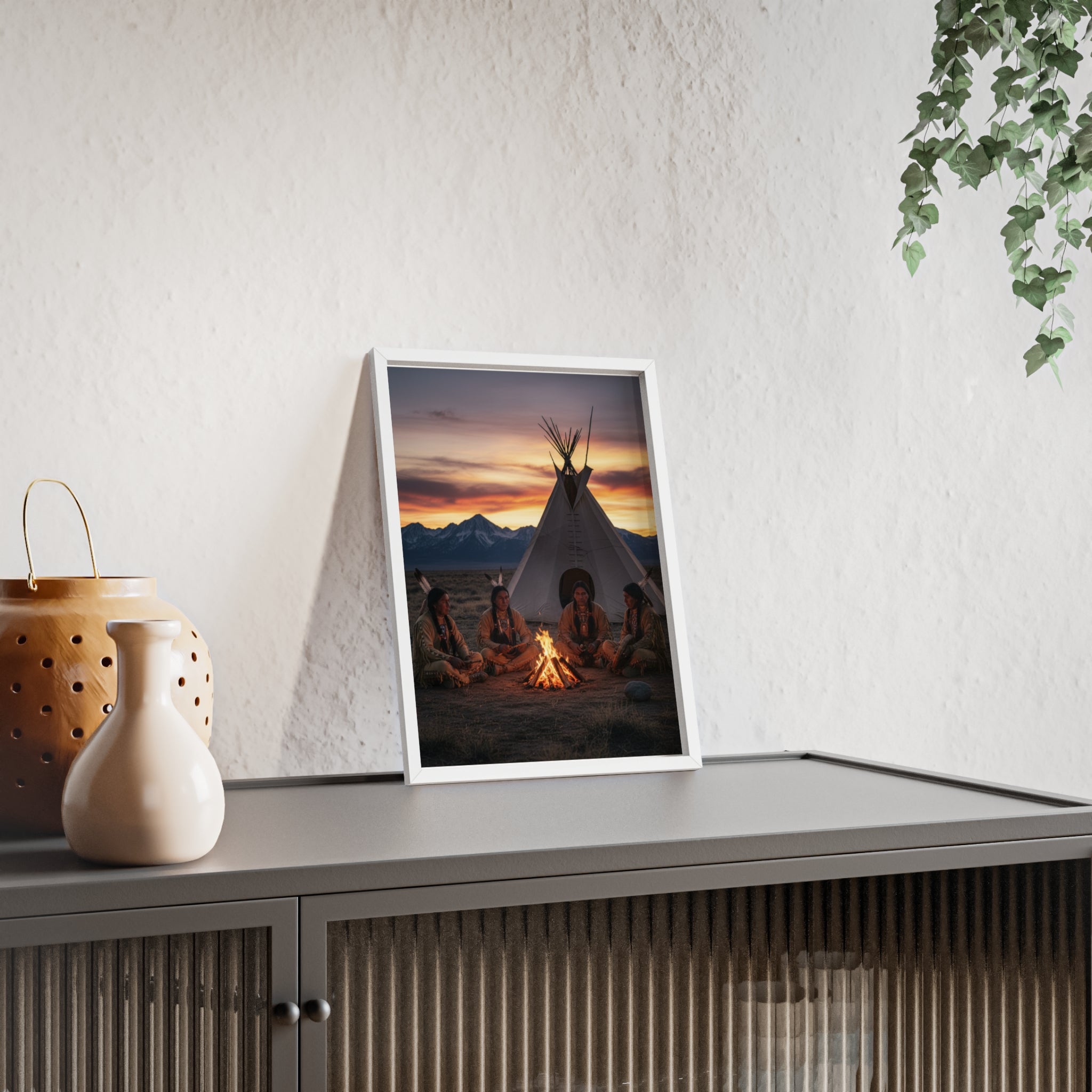 Framed Campfire Teepee Poster — Native Gathering Wall Art