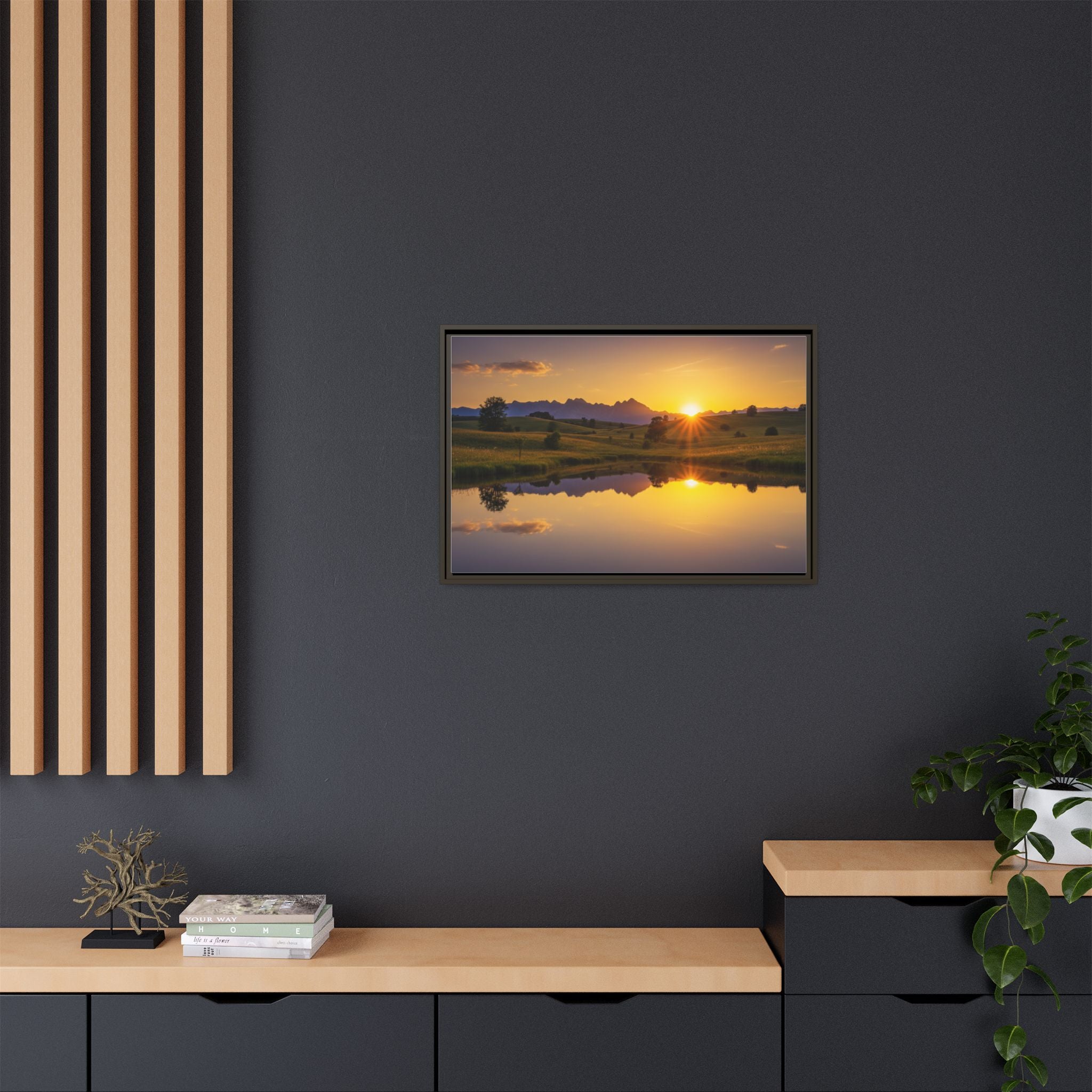 Framed Matte Canvas Sunset Landscape — Serene Lake Reflection Wall Art