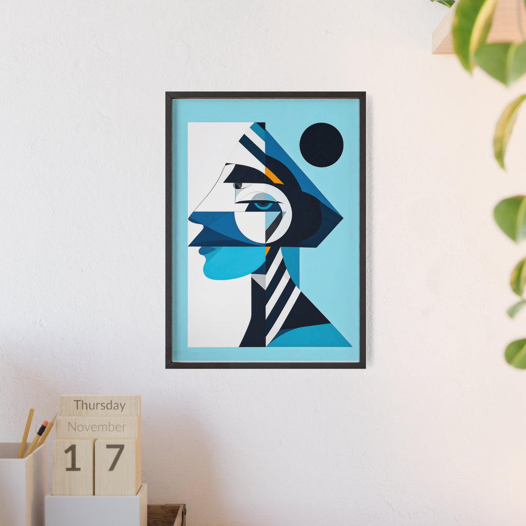 Abstract Geometric Portrait Poster with Wooden Frame — Blue Modern Wall Art