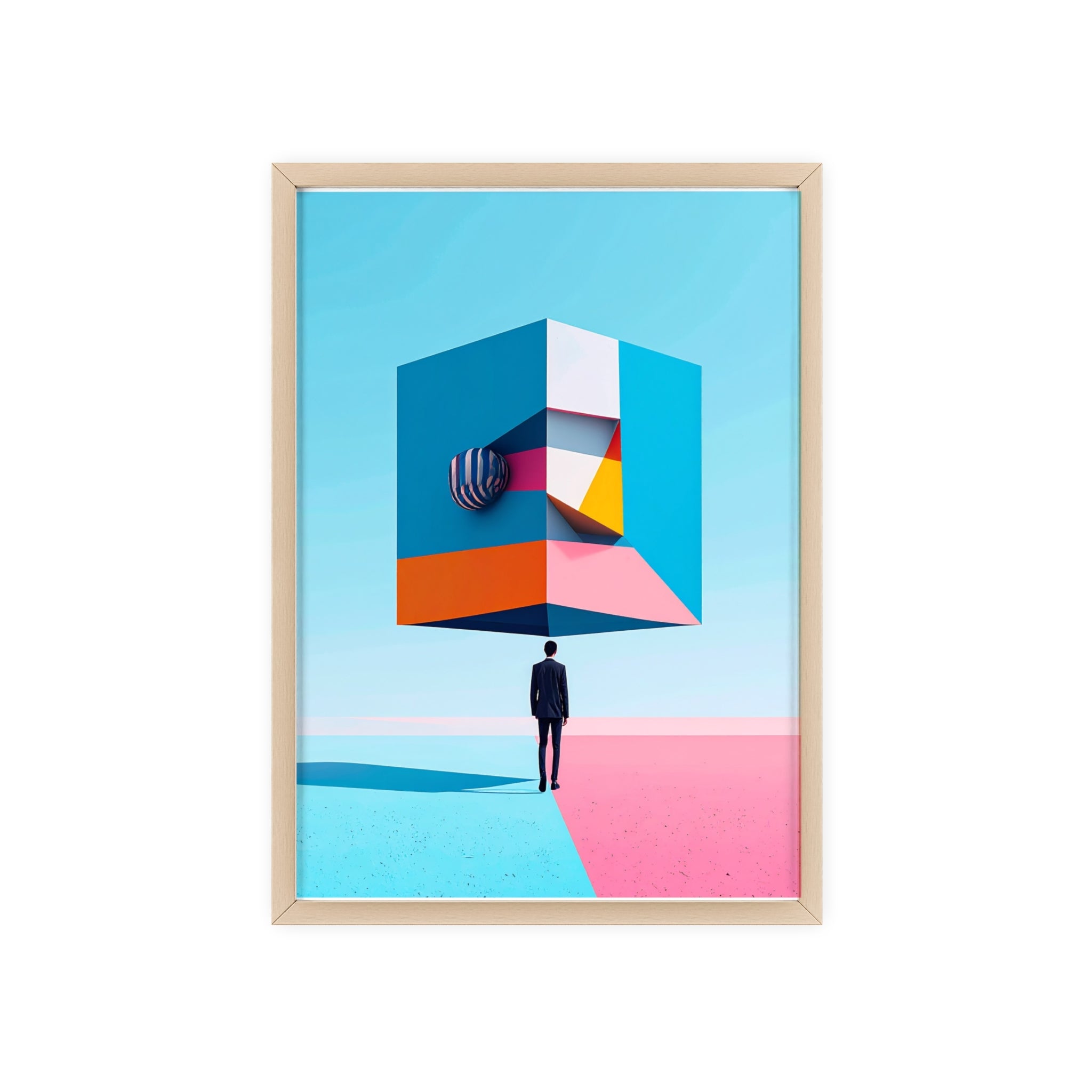Surreal Geometric Art Poster with Wooden Frame — Modern Minimal Wall Decor
