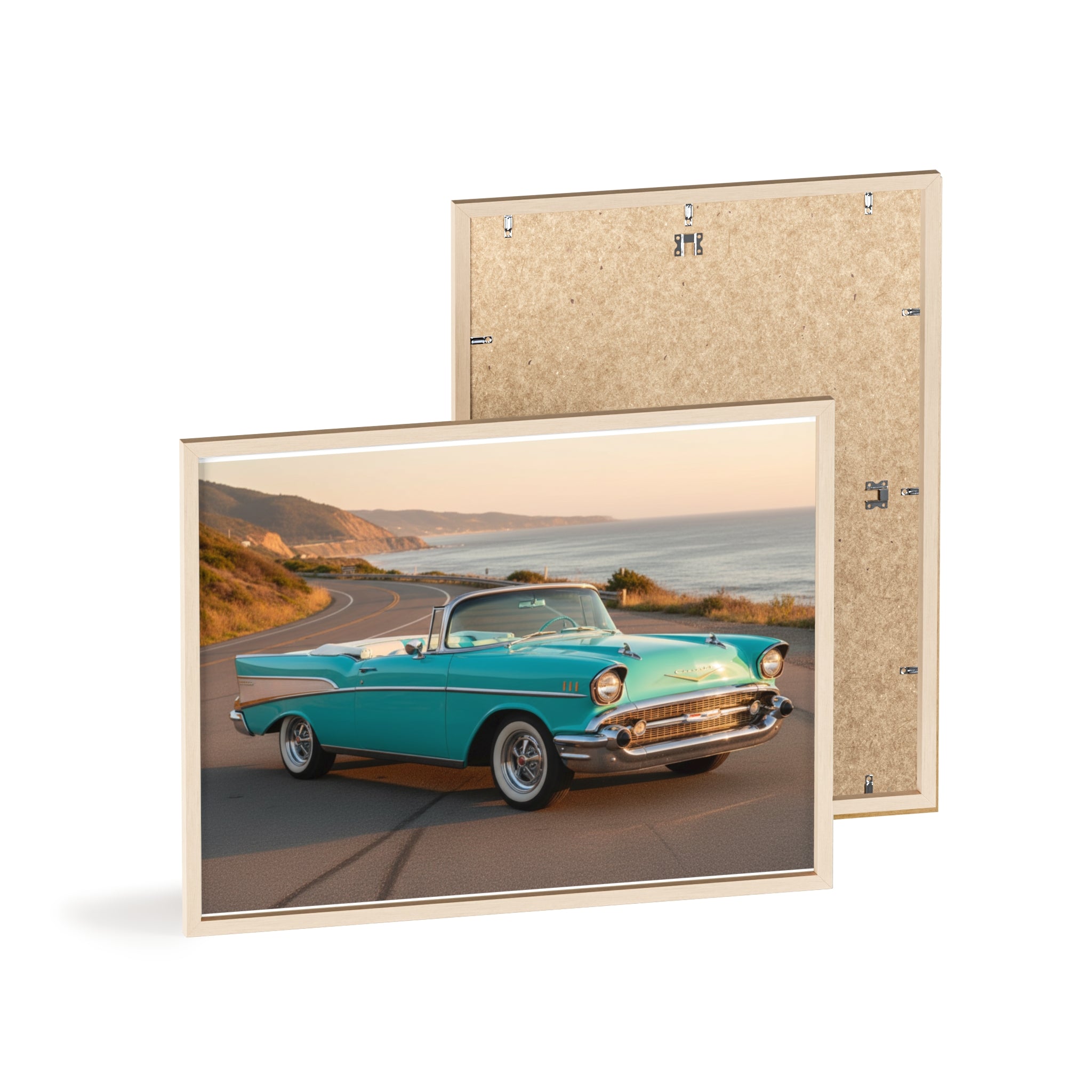 Vintage Teal Classic Car Poster with Wooden Frame — Coastal Road Print