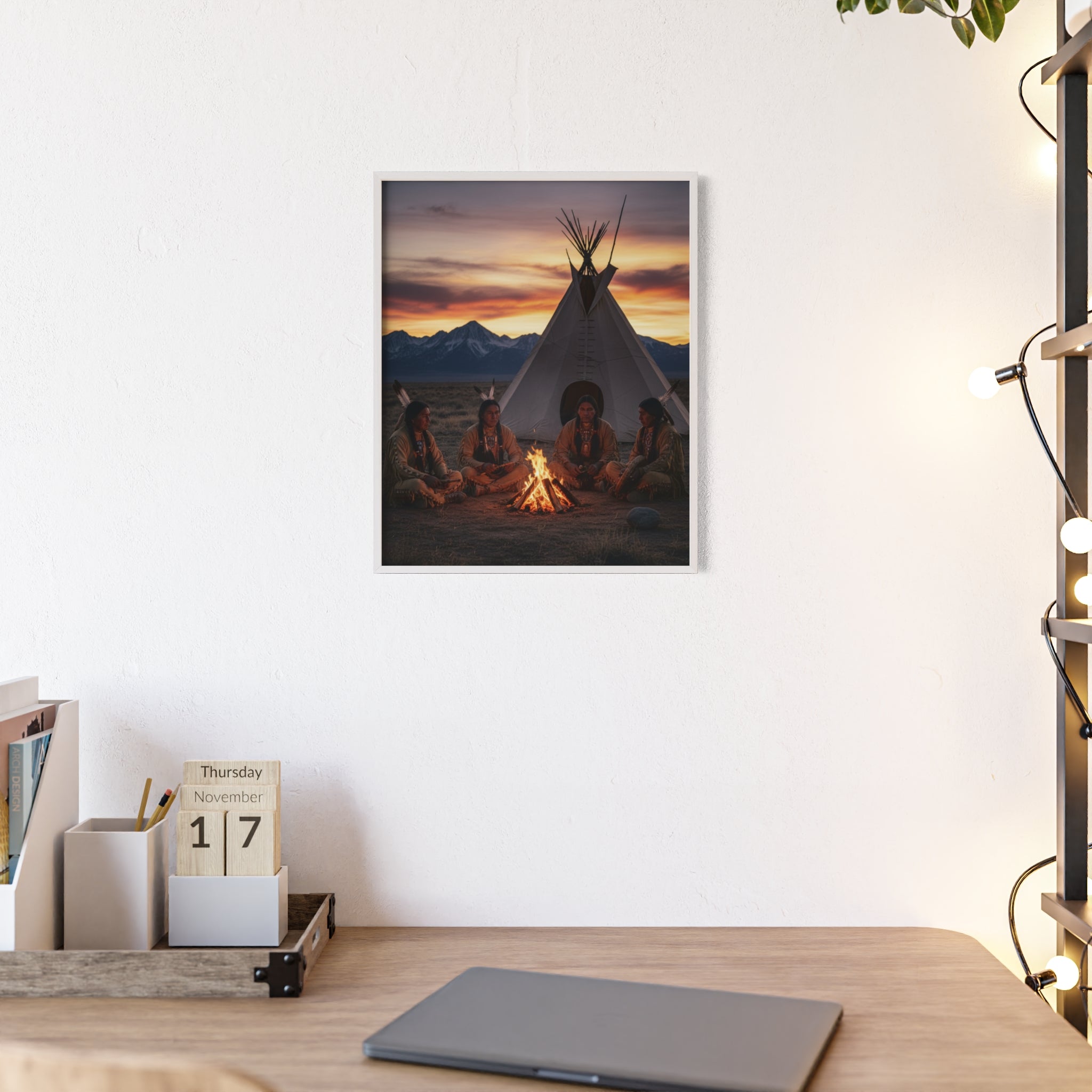 Framed Campfire Teepee Poster — Native Gathering Wall Art