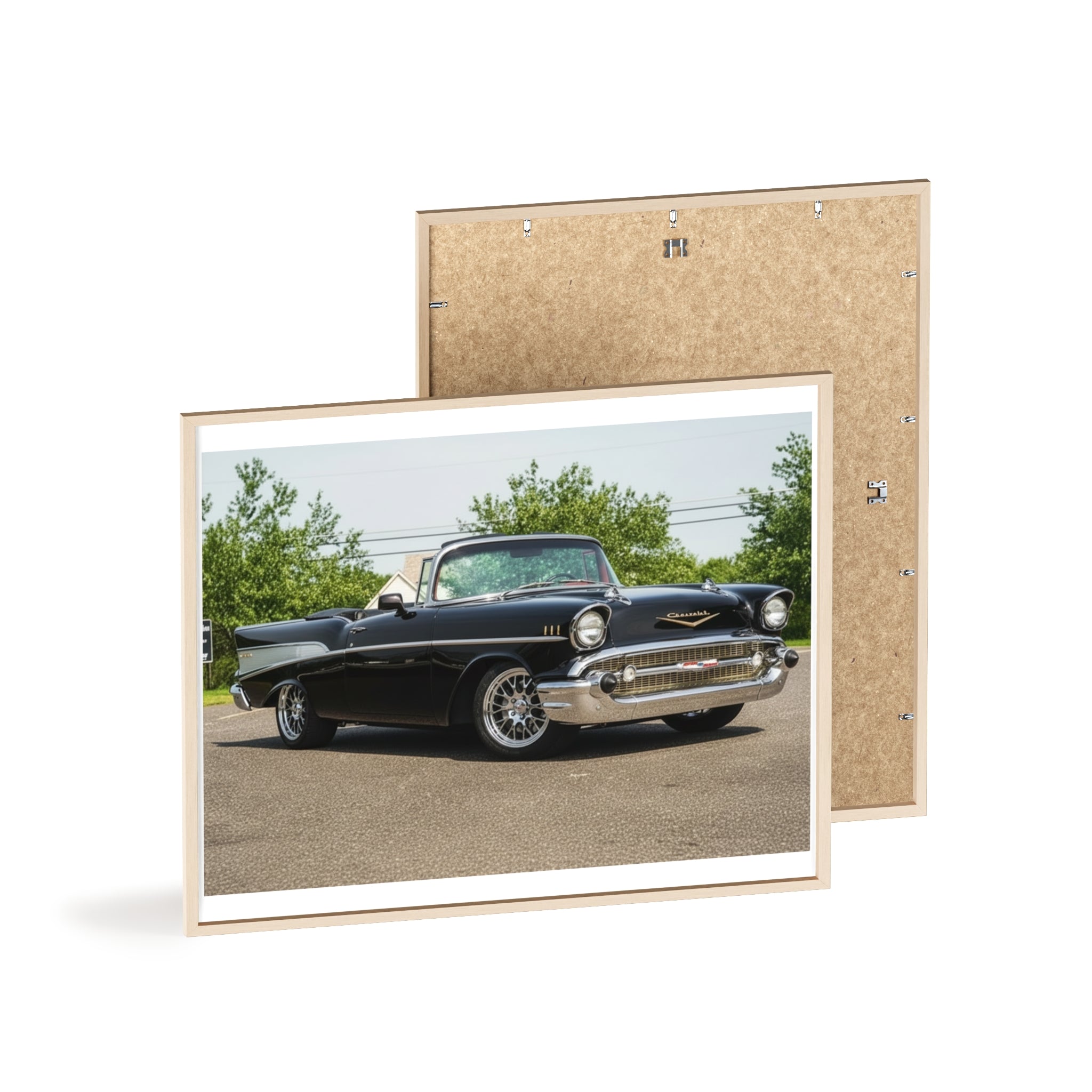 Classic Black 1957 Chevy Poster with Wooden Frame — Vintage Car Wall Art