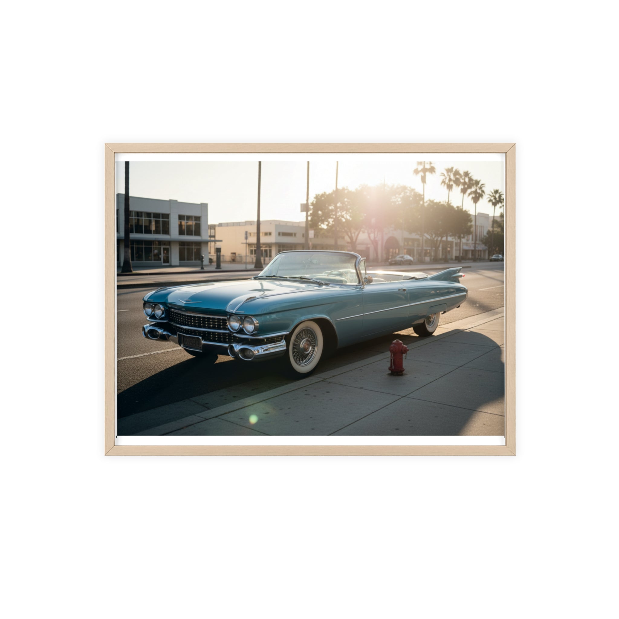 Vintage Blue Cadillac Poster with Wooden Frame – Retro Car Wall Art