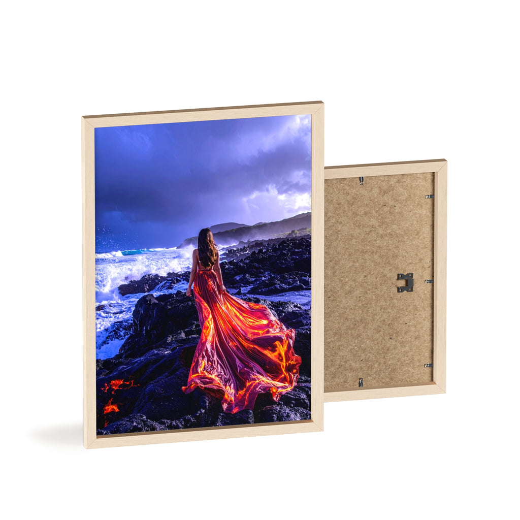 Framed Art Print — Woman in Fiery Red Dress on Rocky Shore (Wooden Frame Poster)