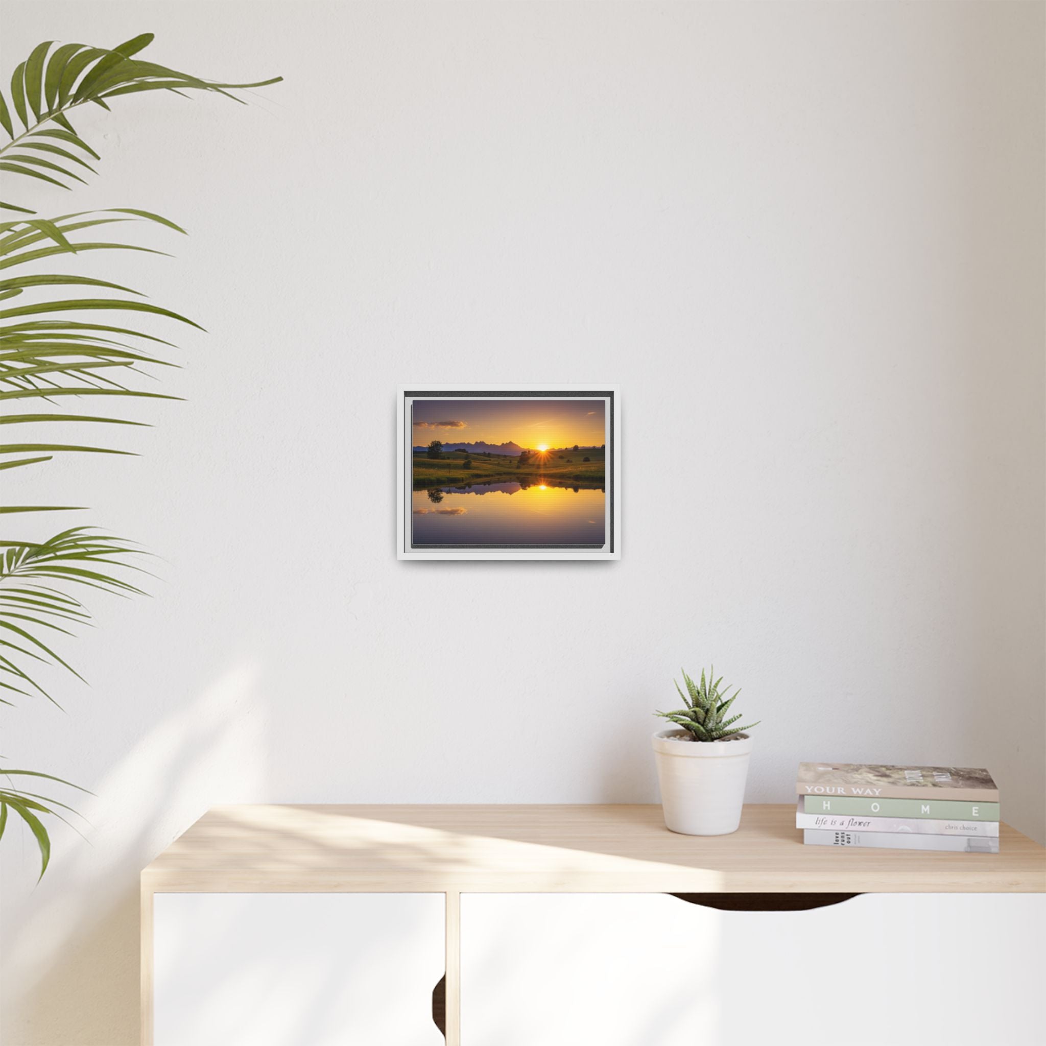 Framed Matte Canvas Sunset Landscape — Serene Lake Reflection Wall Art