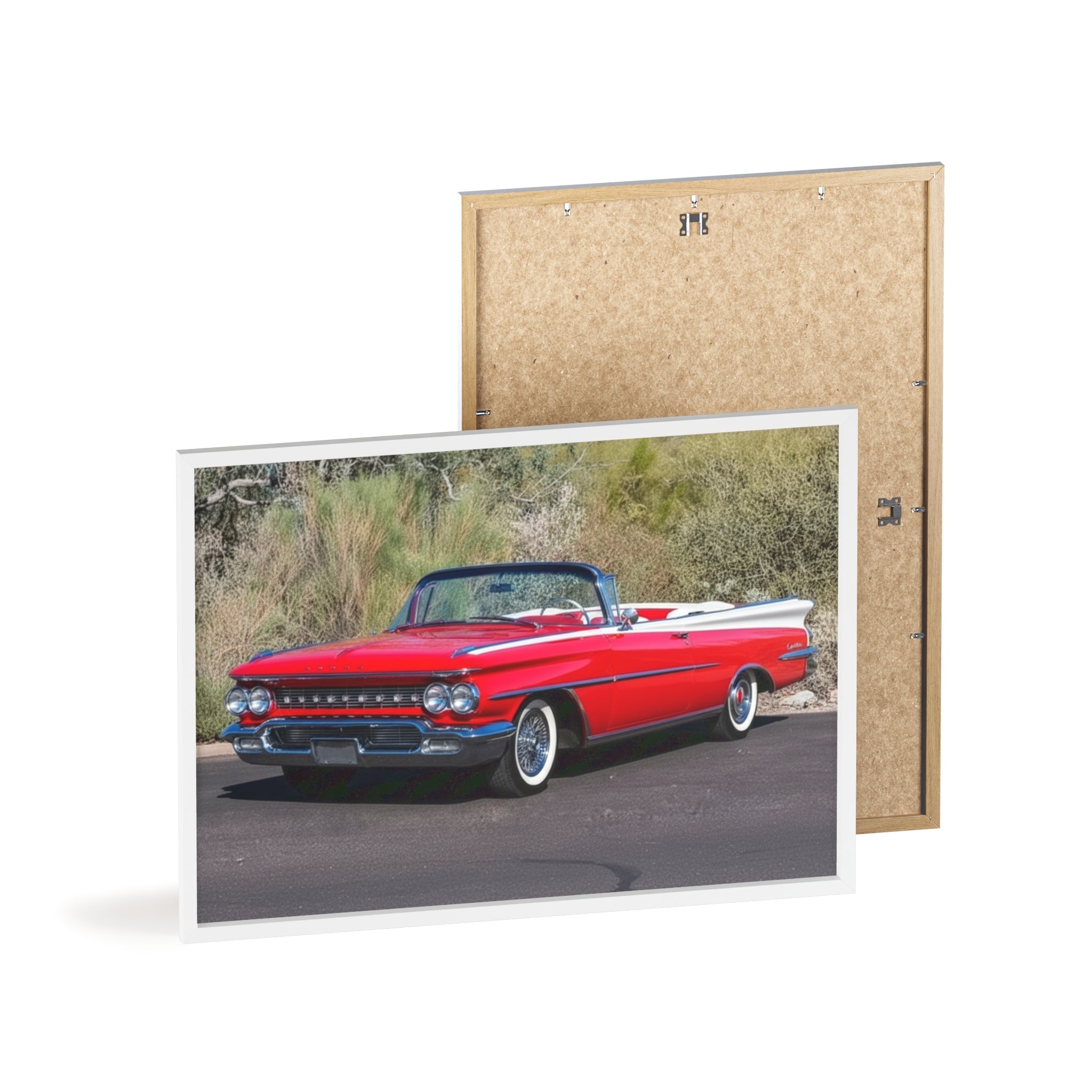 Vintage Red Convertible Car Poster with Wooden Frame — Classic Auto Wall Art
